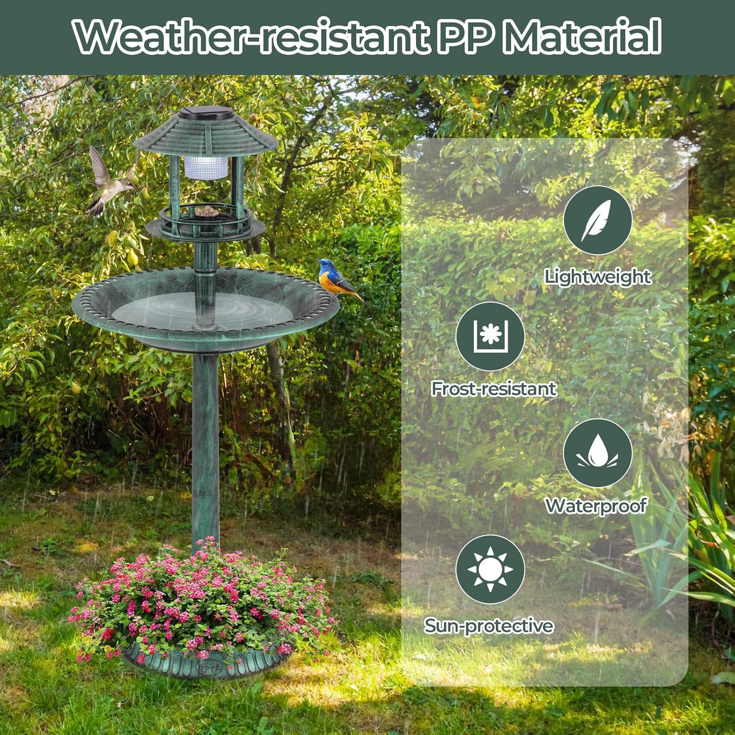 image:imageGiantex 42 inch Bird Bath Solar Lighted Pedestal Bird Bath with Bird Feeder Flower Planter Base Solar Powered Lamp 3 Ground Stakes Standing Birdbath for Outside Garden Yard Outdoor BronzeGreen