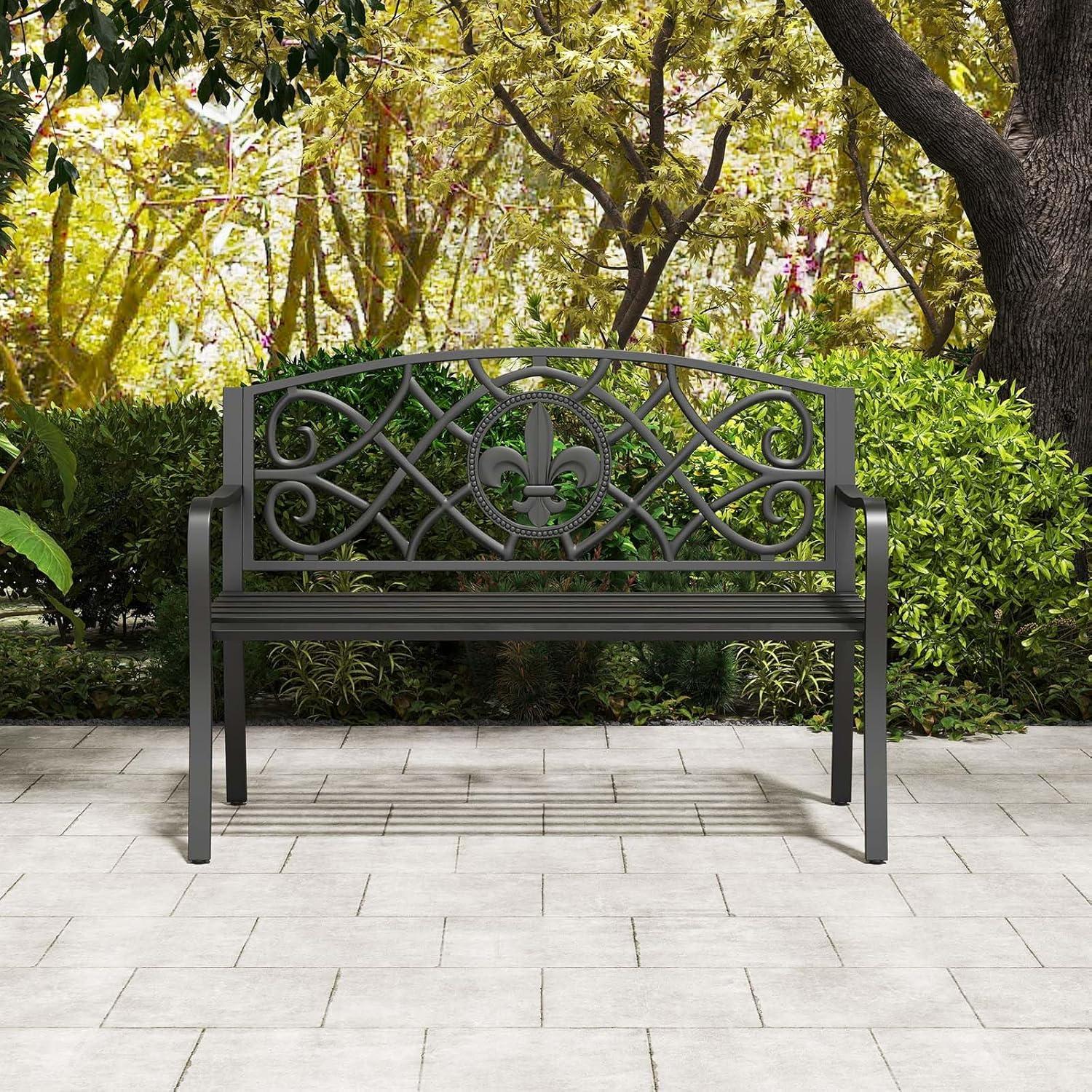image:imageGiantex 505 Outdoor Bench with Metal Frame Floral Design Cast Iron Backrest Slatted Seat Adjustable Foot Pads Load 660Lbs Garden Bench for Outside Patio Backyard Porch Park Black
