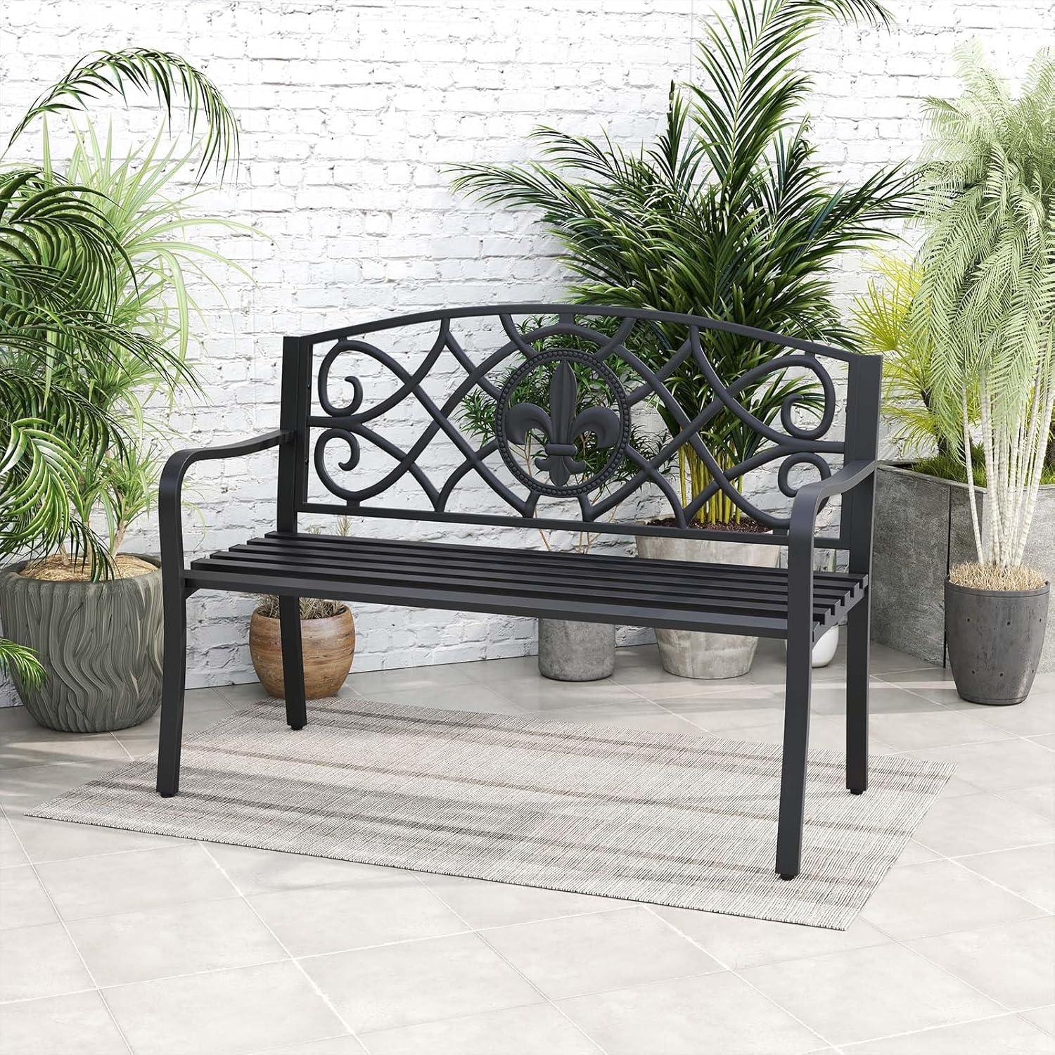 image:imageGiantex 505 Outdoor Bench with Metal Frame Floral Design Cast Iron Backrest Slatted Seat Adjustable Foot Pads Load 660Lbs Garden Bench for Outside Patio Backyard Porch Park Black