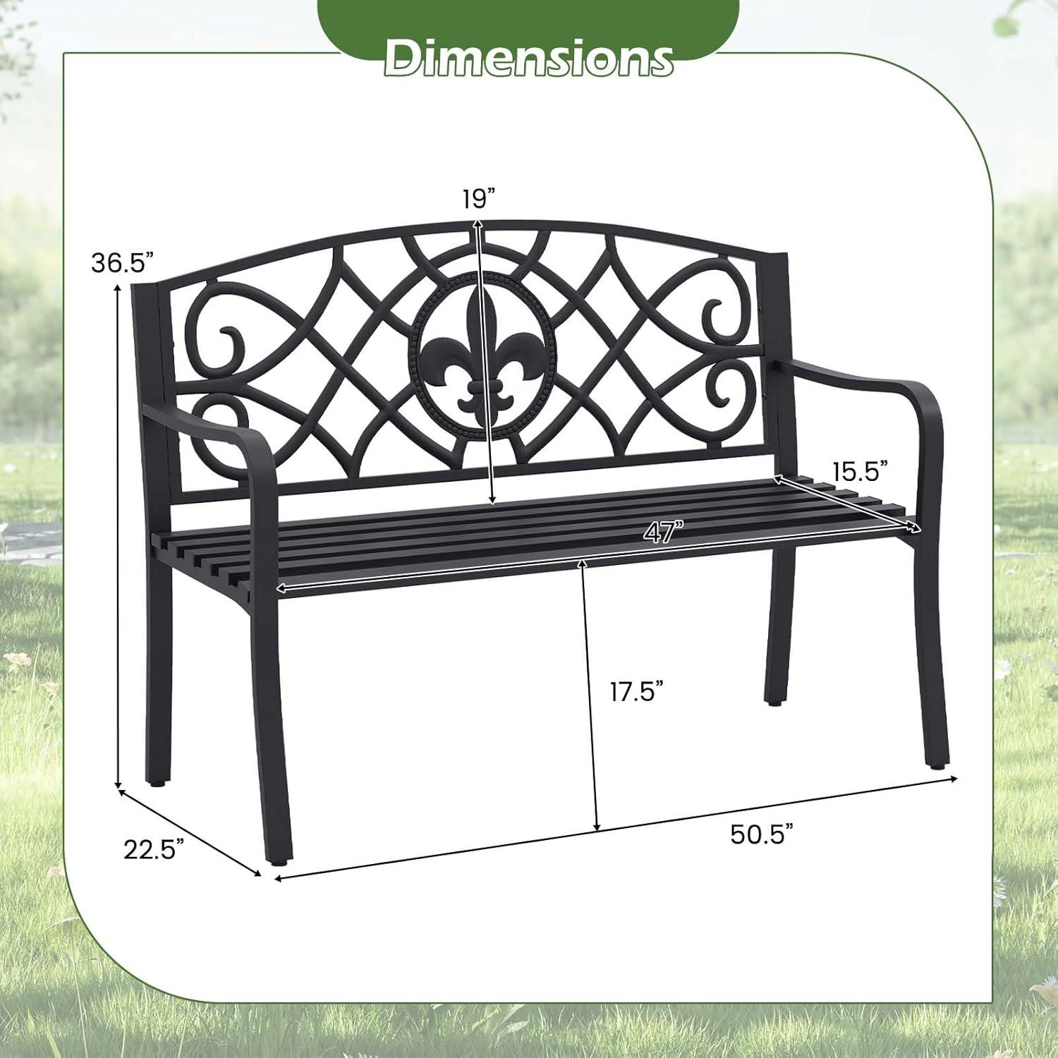 image:imageGiantex 505 Outdoor Bench with Metal Frame Floral Design Cast Iron Backrest Slatted Seat Adjustable Foot Pads Load 660Lbs Garden Bench for Outside Patio Backyard Porch Park Black