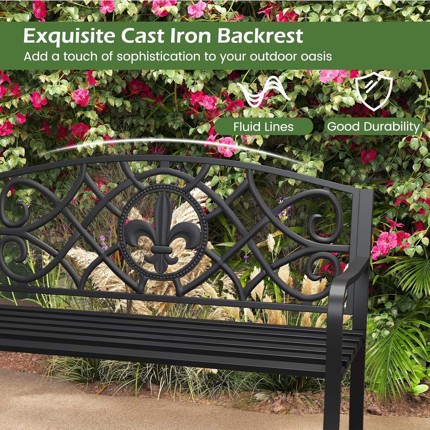image:imageGiantex 505 Outdoor Bench with Metal Frame Floral Design Cast Iron Backrest Slatted Seat Adjustable Foot Pads Load 660Lbs Garden Bench for Outside Patio Backyard Porch Park Black