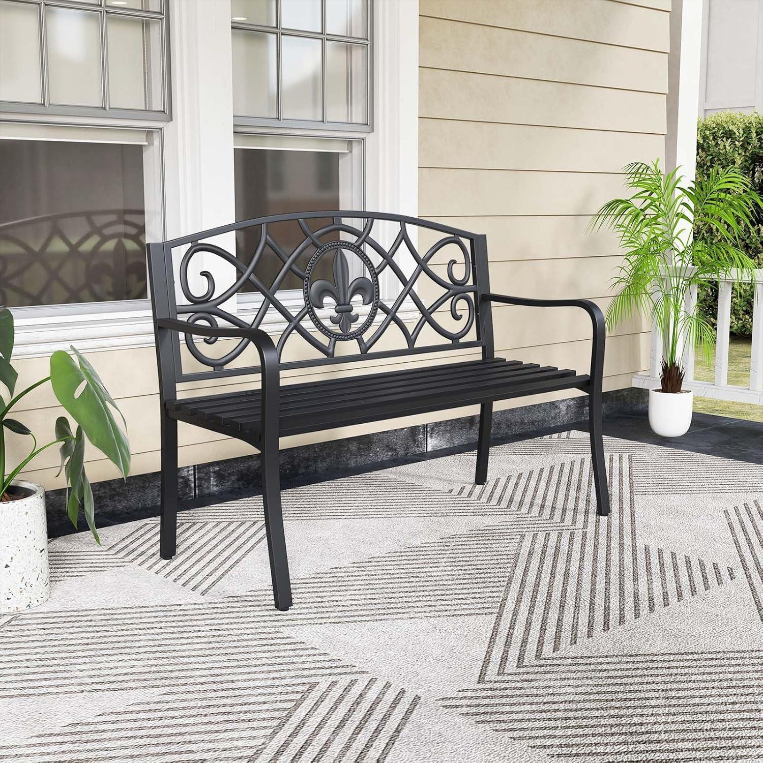 image:imageGiantex 505 Outdoor Bench with Metal Frame Floral Design Cast Iron Backrest Slatted Seat Adjustable Foot Pads Load 660Lbs Garden Bench for Outside Patio Backyard Porch Park Black
