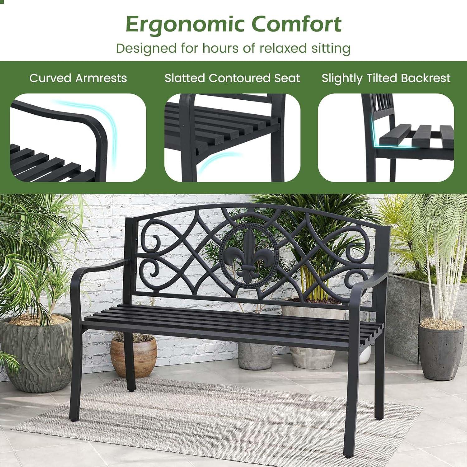 image:imageGiantex 505 Outdoor Bench with Metal Frame Floral Design Cast Iron Backrest Slatted Seat Adjustable Foot Pads Load 660Lbs Garden Bench for Outside Patio Backyard Porch Park Black