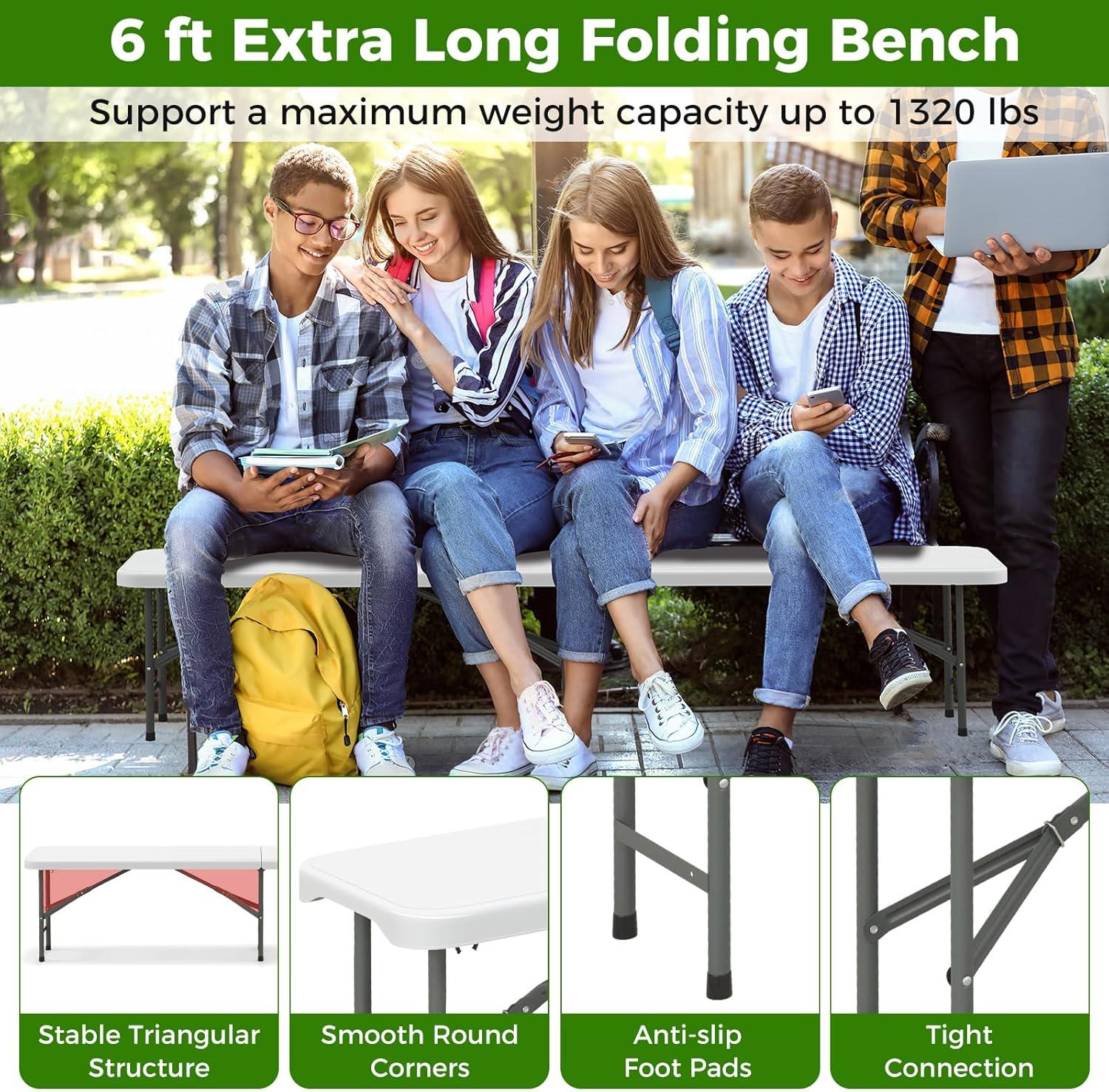 image:imageGiantex 6 FT Plastic Folding Bench HDPE Portable Seat wMetal Legs FoldinHalf Outdoor Bench for Picnic Garden Camping Party Sport Events 1320 lbs Capacity No Assembly 1 WhiteWhite
