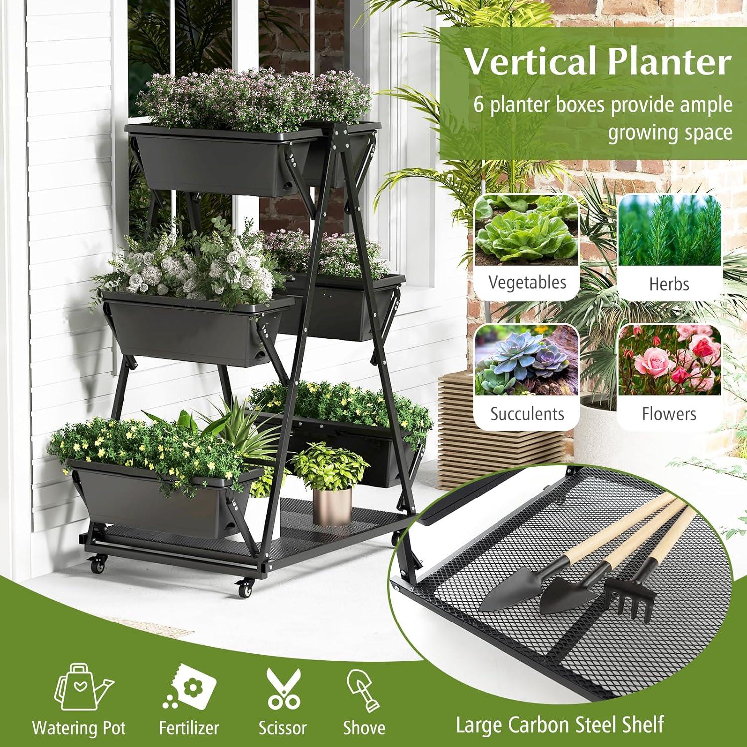 image:imageGiantex 6Tier Rolling Raised Garden Bed Vertical Planter Stand on Wheels with 6 Garden Boxes Storage Shelf Indoor Outdoor Freestanding Raised Beds for Flower Strawberry Vegetable Herb1