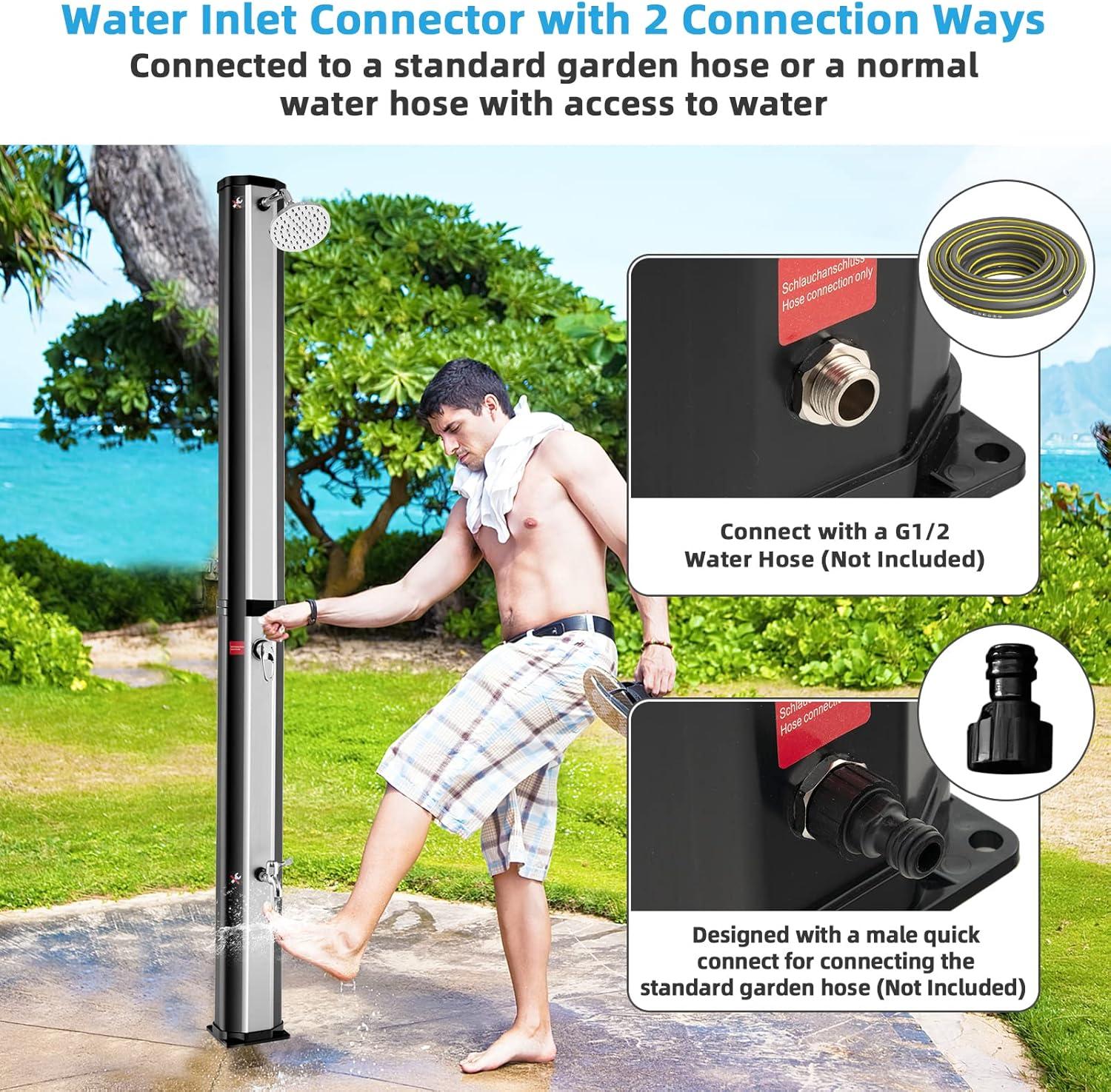 image:imageGiantex 72 FT 10 Gallon 2Section SolarHeated Outdoor Shower Pool Shower WFreeRotating Shower Head Foot Tap Spigot Faucet Temperature and Pressure Adjustment for Backyard Garden Beach SpaSilverBlack