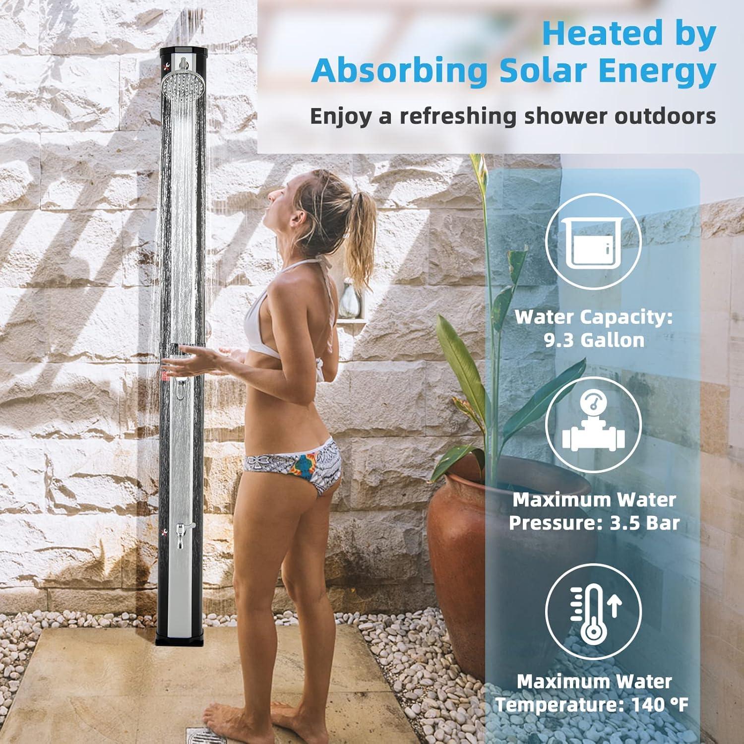 image:imageGiantex 72 FT 10 Gallon 2Section SolarHeated Outdoor Shower Pool Shower WFreeRotating Shower Head Foot Tap Spigot Faucet Temperature and Pressure Adjustment for Backyard Garden Beach SpaSilverBlack