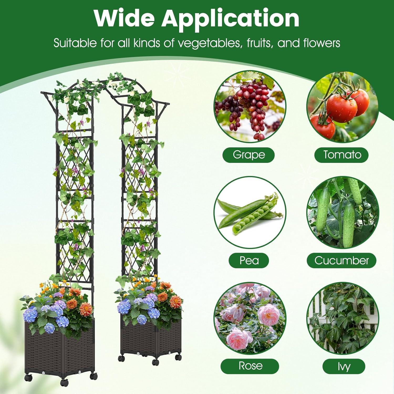 image:imageGiantex 82 FT Garden Arch Trellis w 2 SelfWatering Planter Boxes Wheels Metal Pergola Arbor Grape Vine Rose Climbing Plant Support Frame Large Outdoor Wedding Archway for Ceremony Party