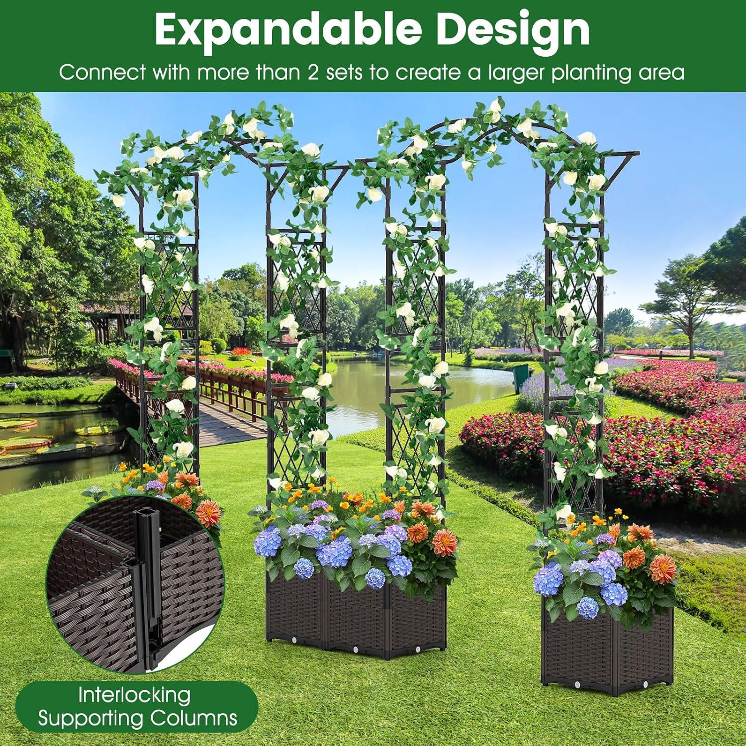 image:imageGiantex 82 FT Garden Arch Trellis w 2 SelfWatering Planter Boxes Wheels Metal Pergola Arbor Grape Vine Rose Climbing Plant Support Frame Large Outdoor Wedding Archway for Ceremony Party