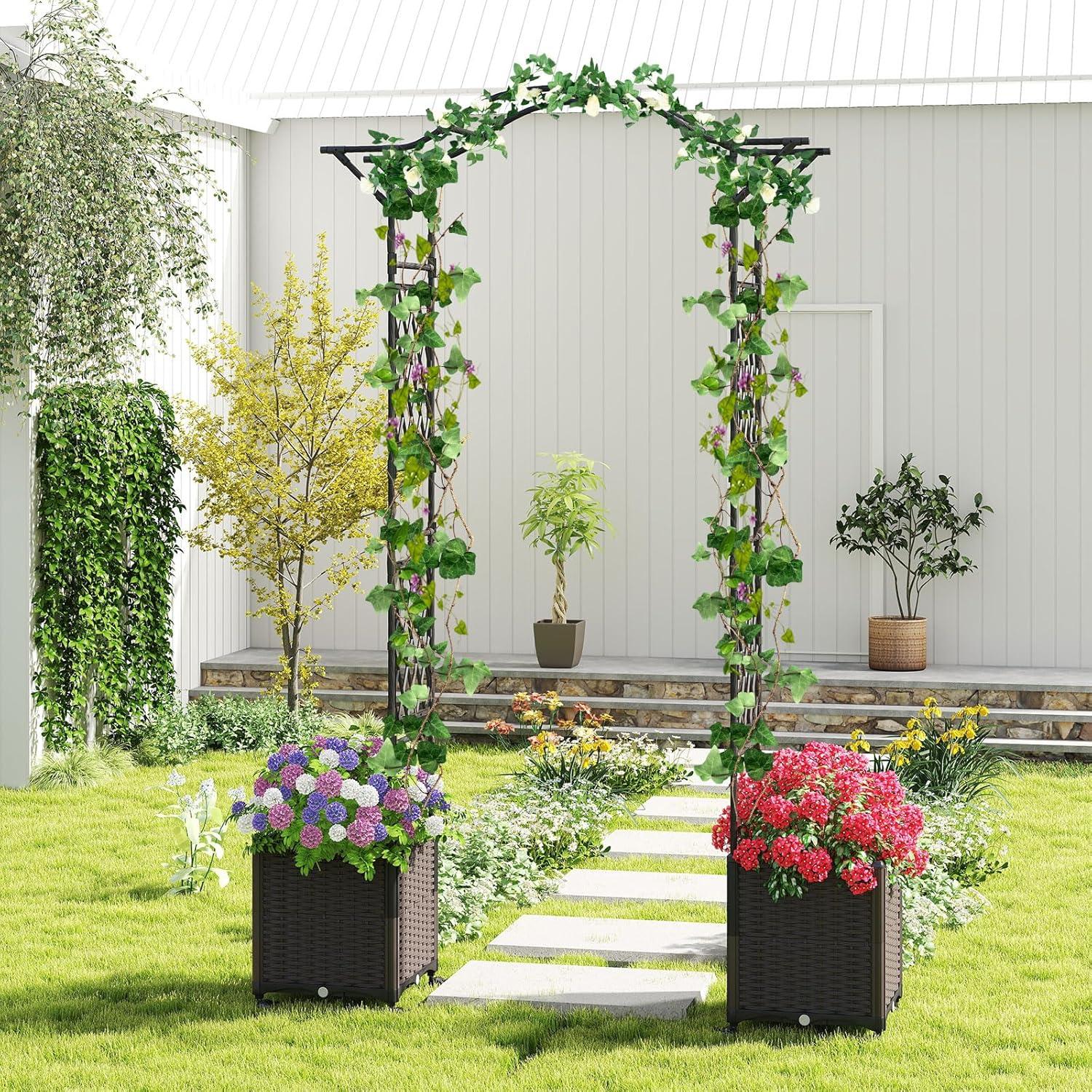 image:imageGiantex 82 FT Garden Arch Trellis w 2 SelfWatering Planter Boxes Wheels Metal Pergola Arbor Grape Vine Rose Climbing Plant Support Frame Large Outdoor Wedding Archway for Ceremony Party