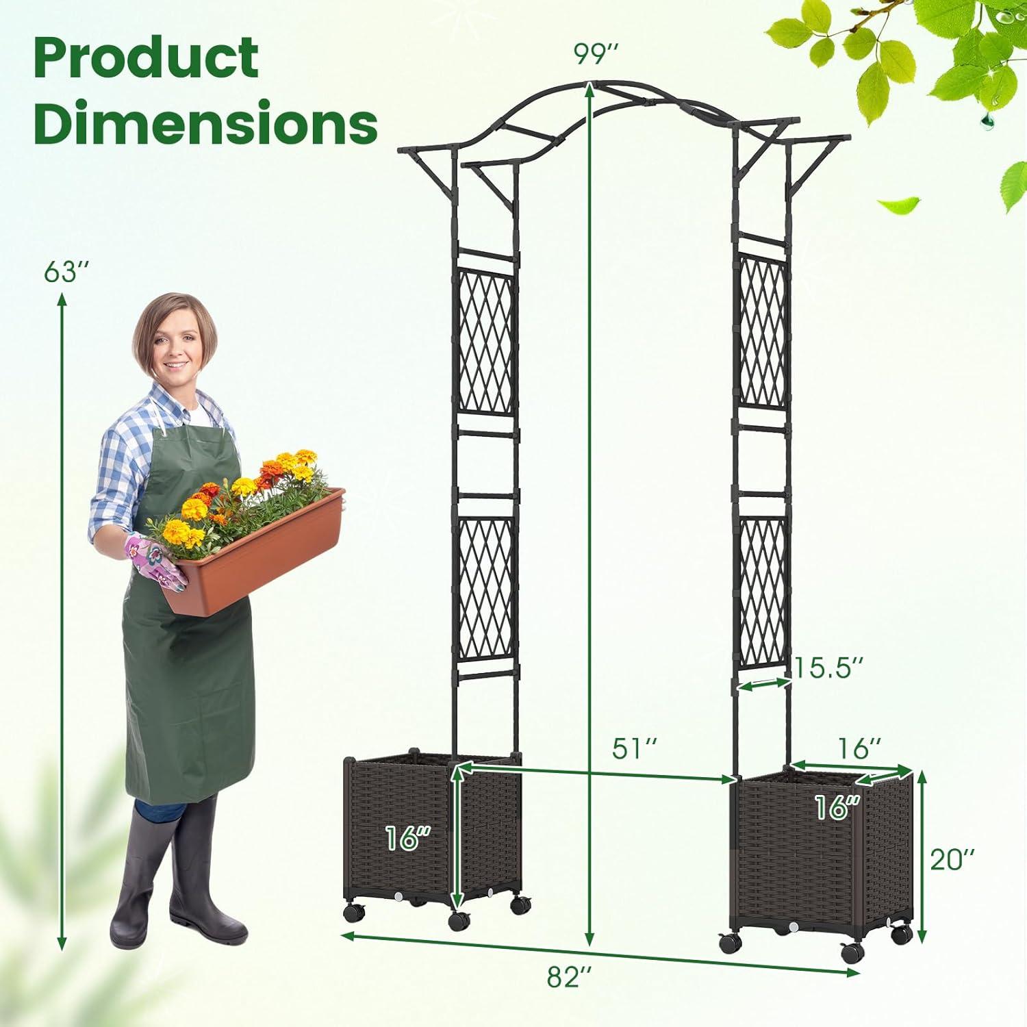 image:imageGiantex 82 FT Garden Arch Trellis w 2 SelfWatering Planter Boxes Wheels Metal Pergola Arbor Grape Vine Rose Climbing Plant Support Frame Large Outdoor Wedding Archway for Ceremony Party