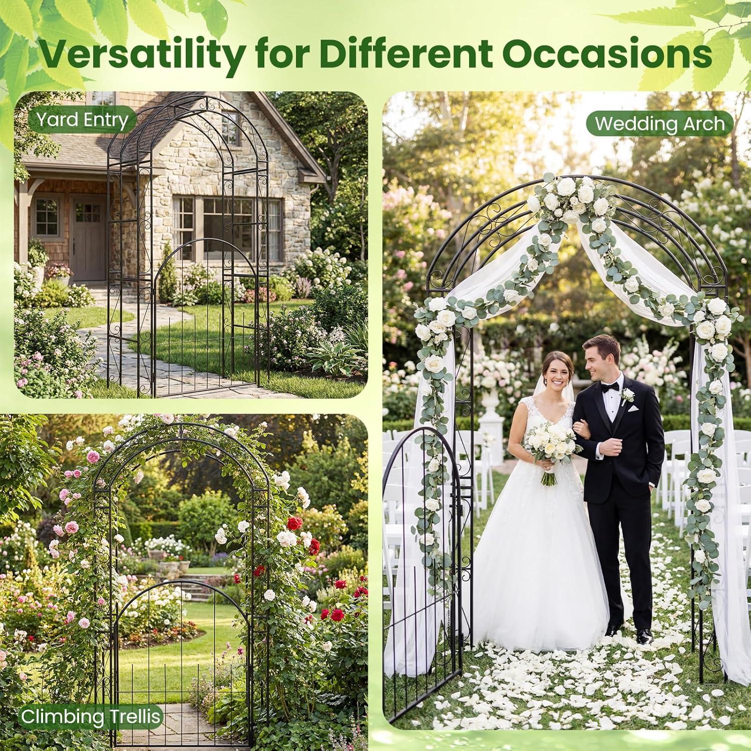 image:imageGiantex 84 Garden Arbor with Gate HeavyDuty Metal Arch Trellis for Climbing Plants Vines Roses Wedding Archway for Ceremony Pathway amp Outdoor Decoration Patio Pergola for Backyard Lawn