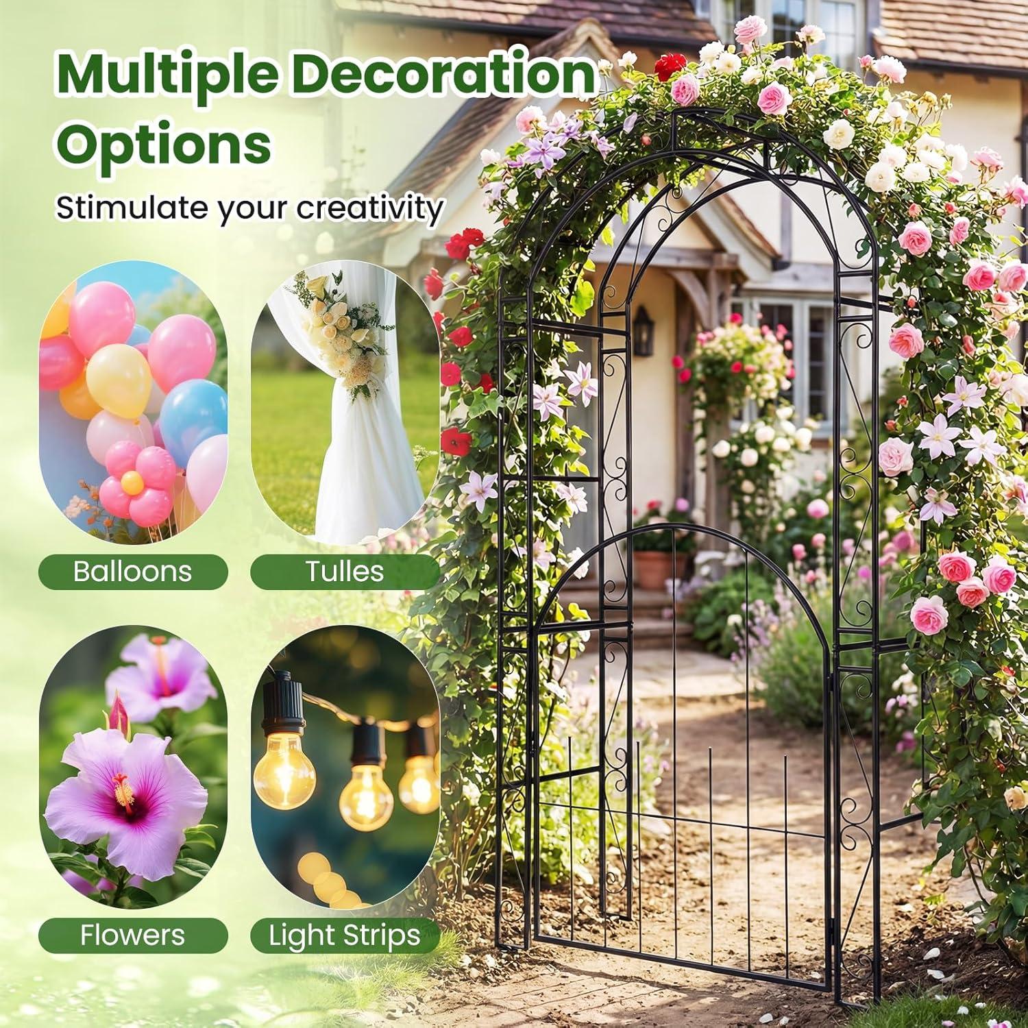 image:imageGiantex 84 Garden Arbor with Gate HeavyDuty Metal Arch Trellis for Climbing Plants Vines Roses Wedding Archway for Ceremony Pathway amp Outdoor Decoration Patio Pergola for Backyard Lawn