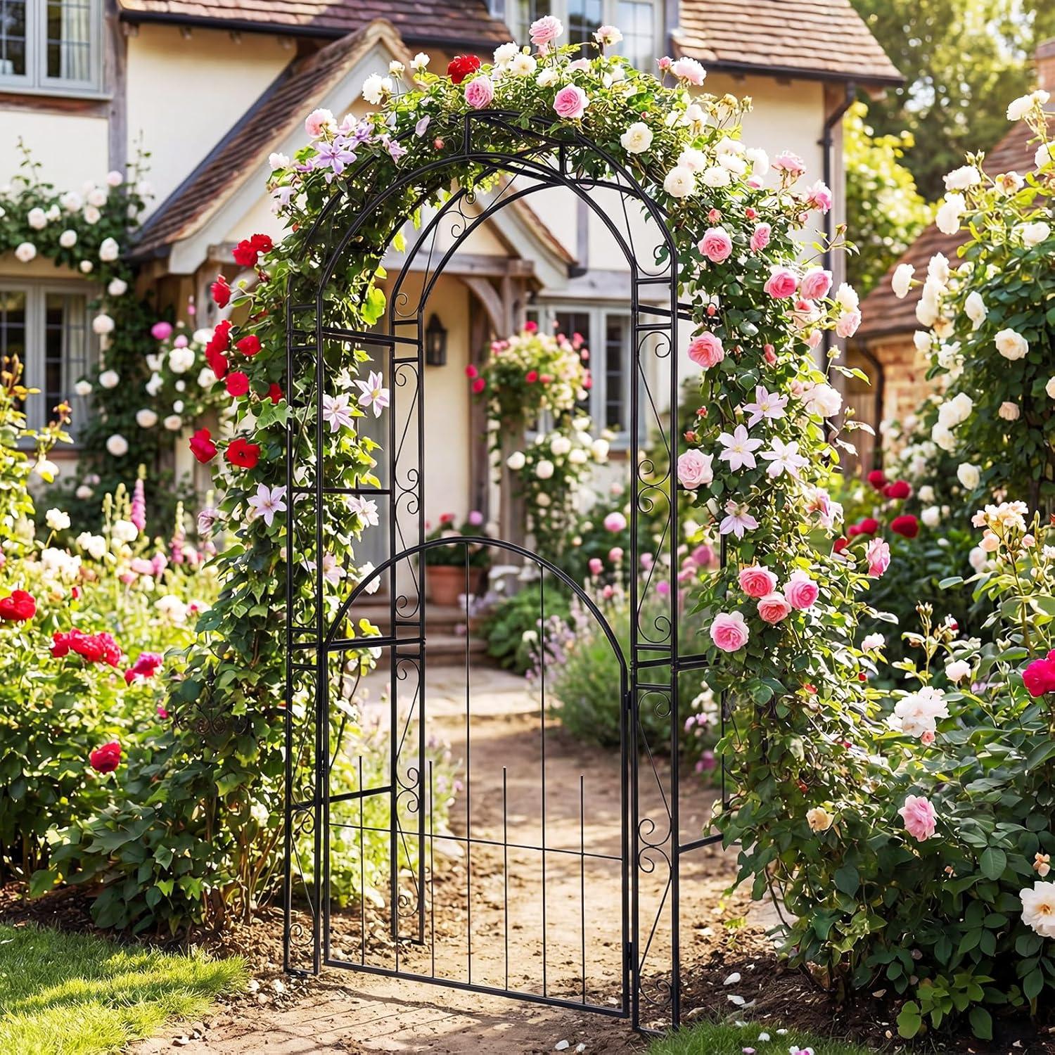 image:imageGiantex 84 Garden Arbor with Gate HeavyDuty Metal Arch Trellis for Climbing Plants Vines Roses Wedding Archway for Ceremony Pathway amp Outdoor Decoration Patio Pergola for Backyard Lawn