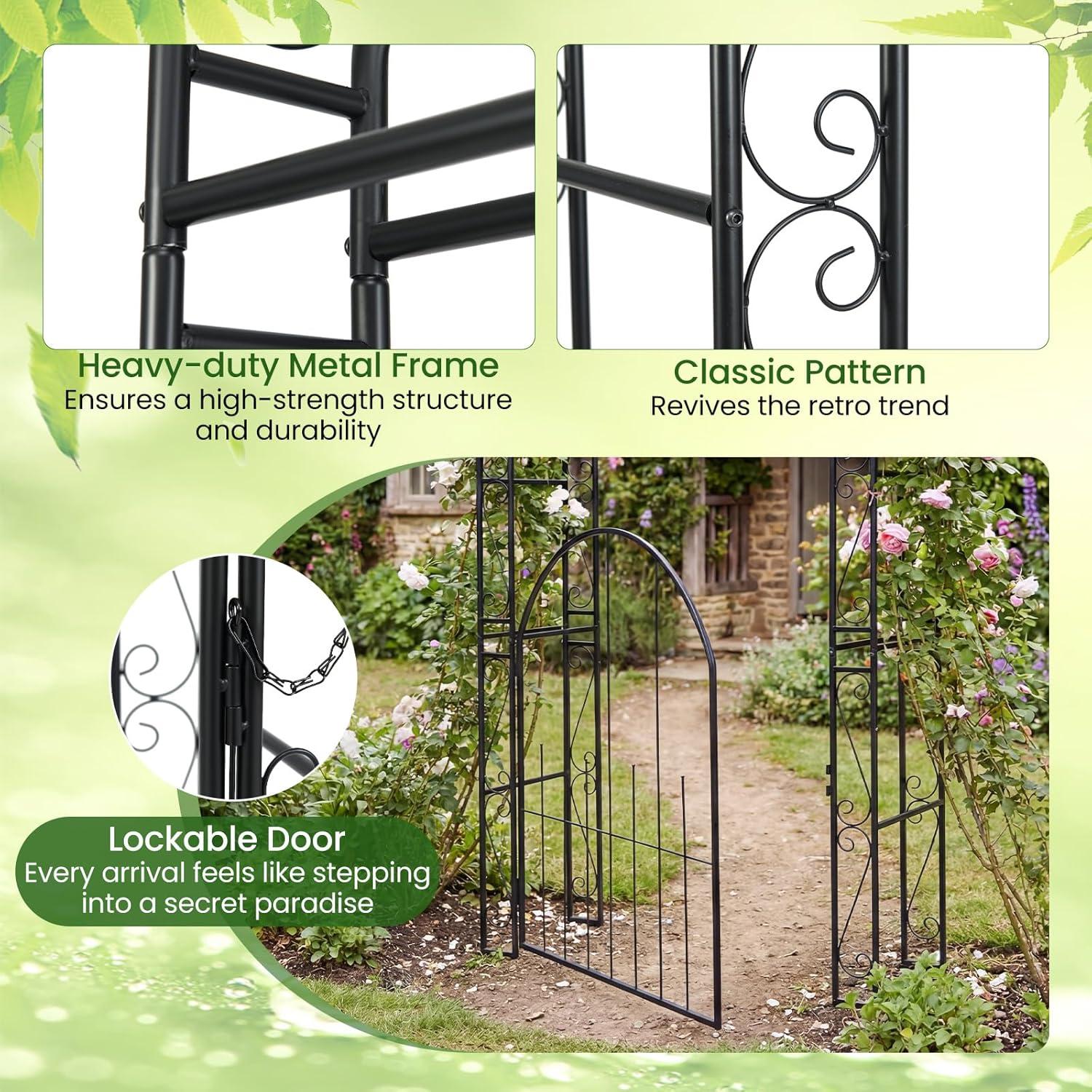 image:imageGiantex 84 Garden Arbor with Gate HeavyDuty Metal Arch Trellis for Climbing Plants Vines Roses Wedding Archway for Ceremony Pathway amp Outdoor Decoration Patio Pergola for Backyard Lawn