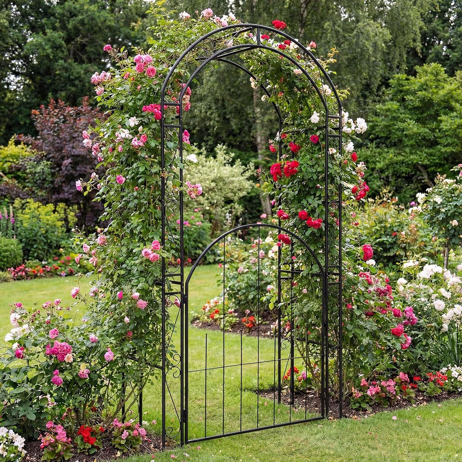 image:imageGiantex 84 Garden Arbor with Gate HeavyDuty Metal Arch Trellis for Climbing Plants Vines Roses Wedding Archway for Ceremony Pathway amp Outdoor Decoration Patio Pergola for Backyard Lawn
