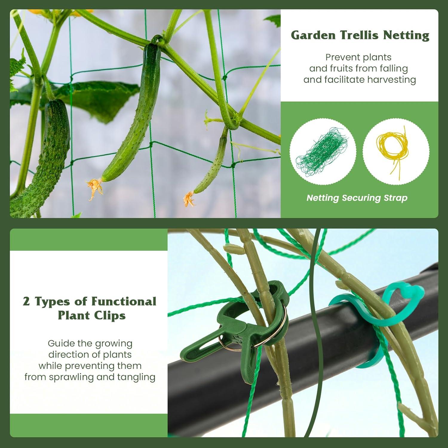 image:imageGiantex Cucumber Trellis Trellis for Climbing Plants Outdoor Garden Trellis wNetting PECoated Metal Clips Plant Support for Flower Vine Grape Vegetable Fruit Adjustable Shape 31x 26x7441x51x59