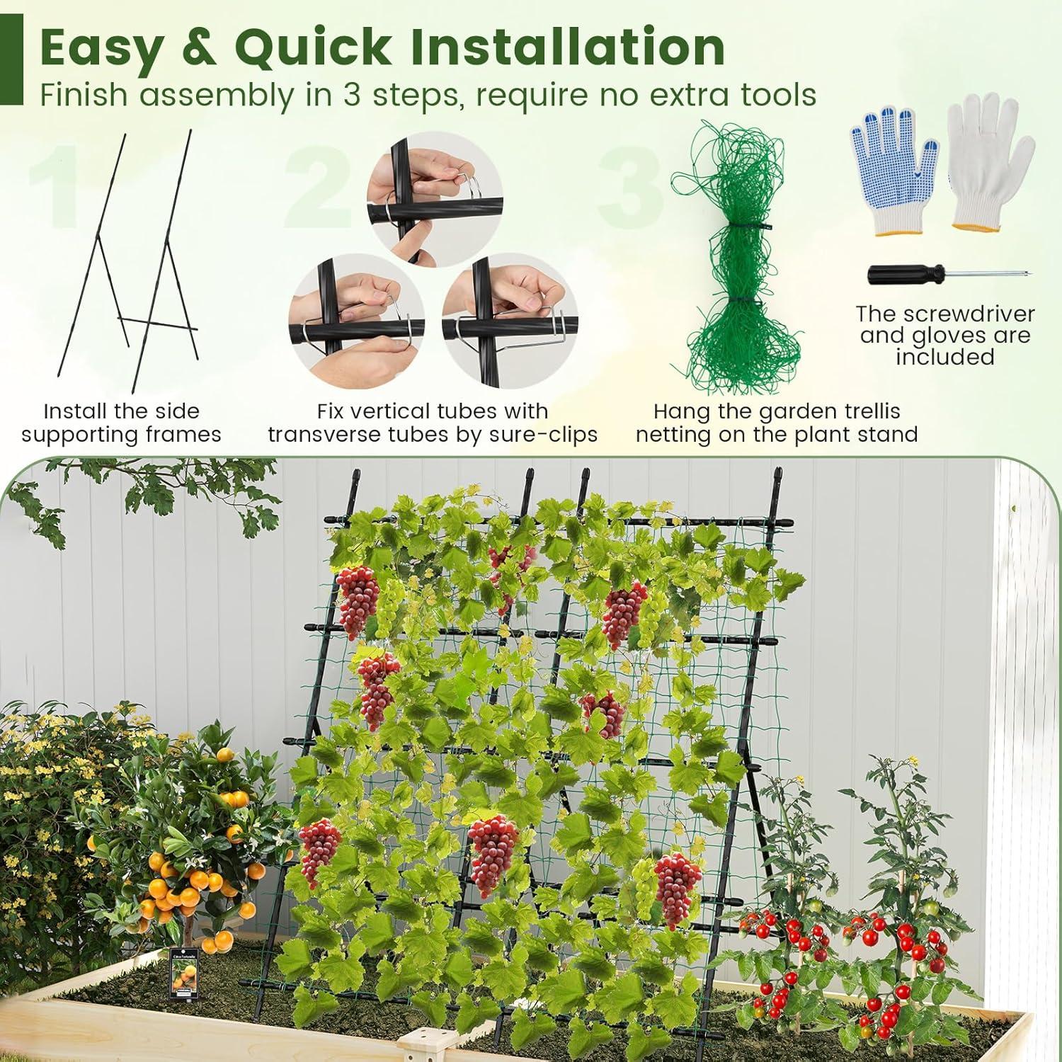 image:imageGiantex Cucumber Trellis Trellis for Climbing Plants Outdoor Garden Trellis wNetting PECoated Metal Clips Plant Support for Flower Vine Grape Vegetable Fruit Adjustable Shape 31x 26x7431x26x74