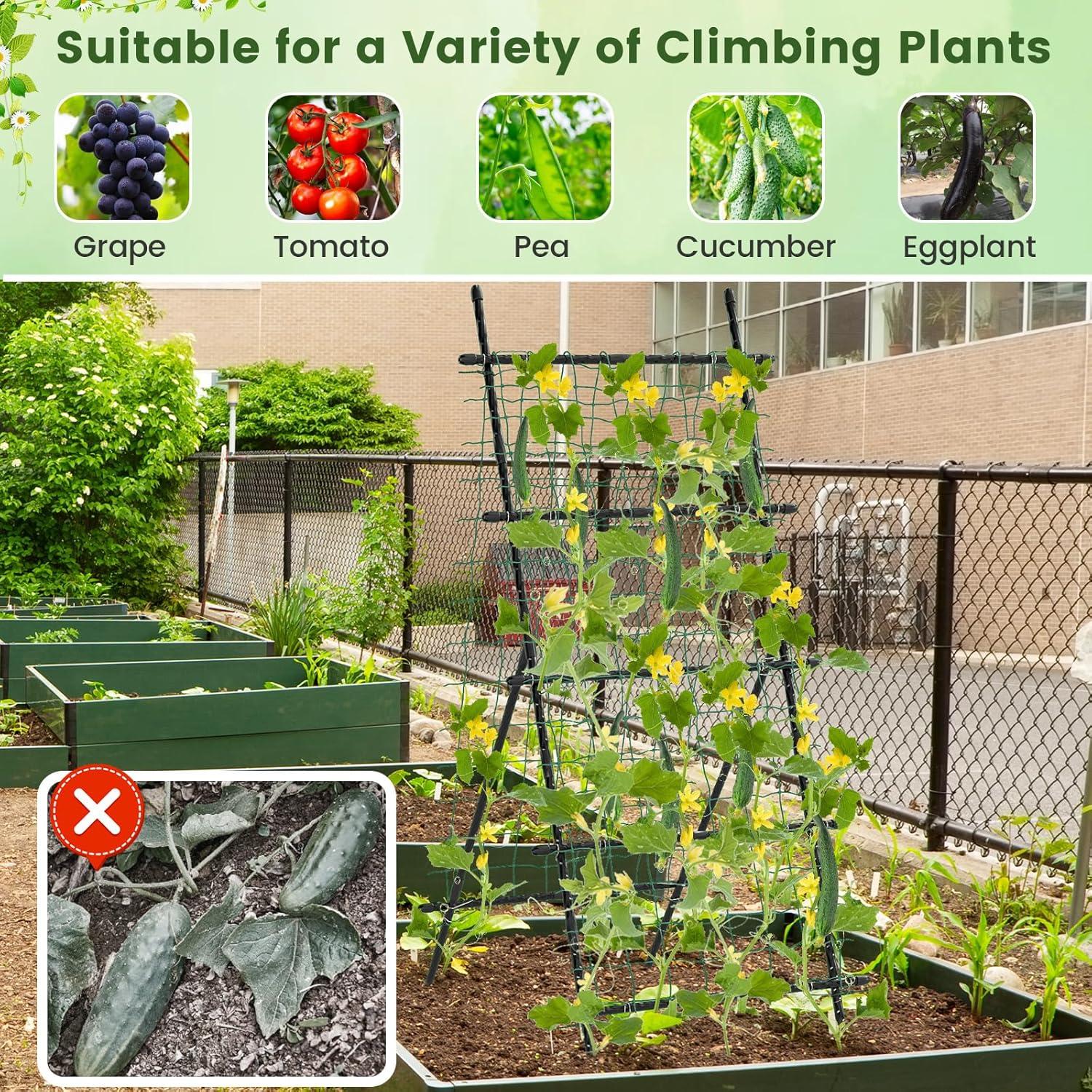 image:imageGiantex Cucumber Trellis Trellis for Climbing Plants Outdoor Garden Trellis wNetting PECoated Metal Clips Plant Support for Flower Vine Grape Vegetable Fruit Adjustable Shape 31x 26x7431x26x74