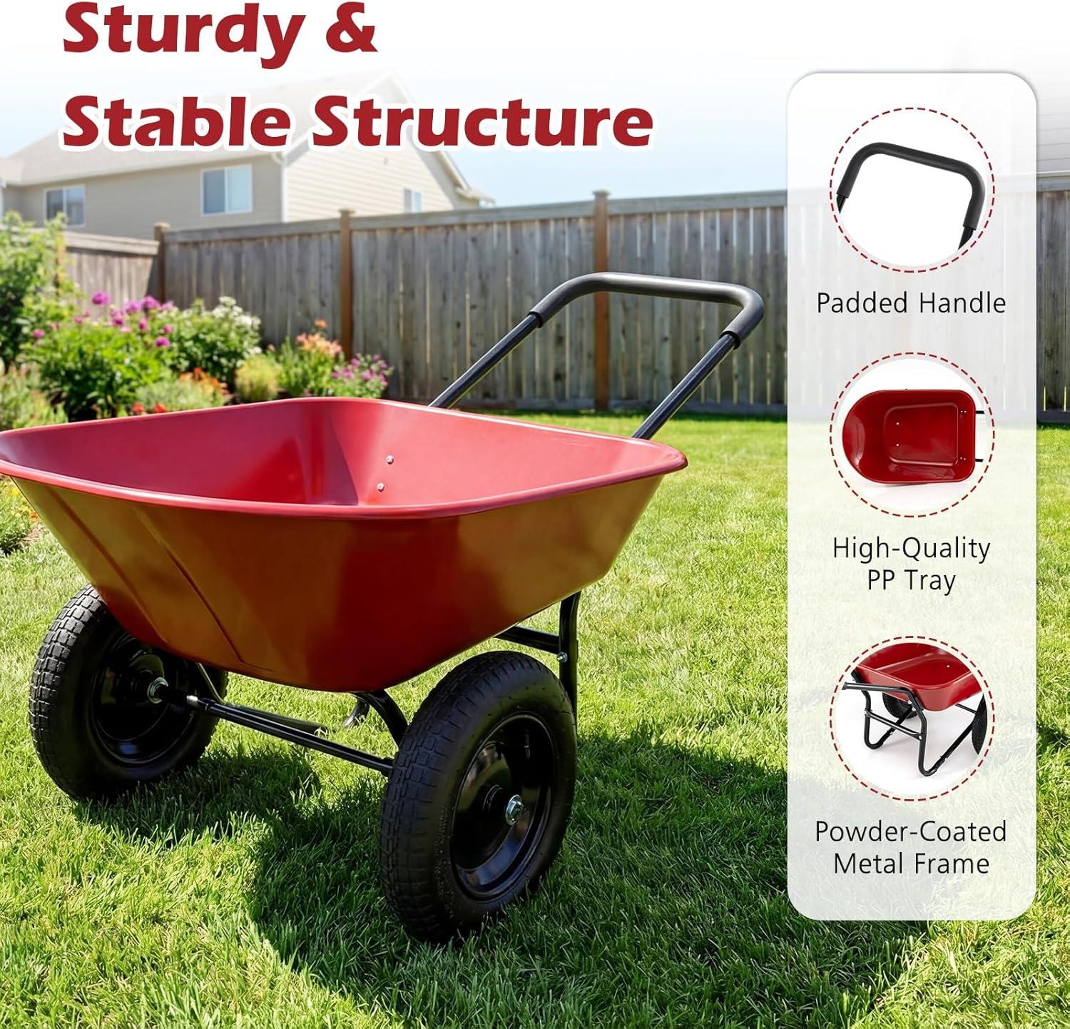 image:imageGiantex DualWheel Garden Cart 330LBS Heavy Duty Wheelbarrow 2 Wheel Wagon Utility Cart for Outdoor Yard Lawn Gardening Construction Use Light GreenRed