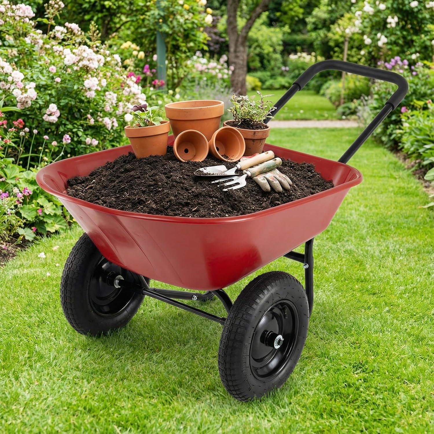 image:imageGiantex DualWheel Garden Cart 330LBS Heavy Duty Wheelbarrow 2 Wheel Wagon Utility Cart for Outdoor Yard Lawn Gardening Construction Use Light GreenRed