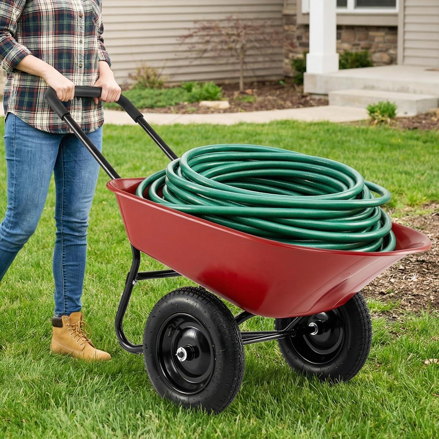 image:imageGiantex DualWheel Garden Cart 330LBS Heavy Duty Wheelbarrow 2 Wheel Wagon Utility Cart for Outdoor Yard Lawn Gardening Construction Use Light GreenRed