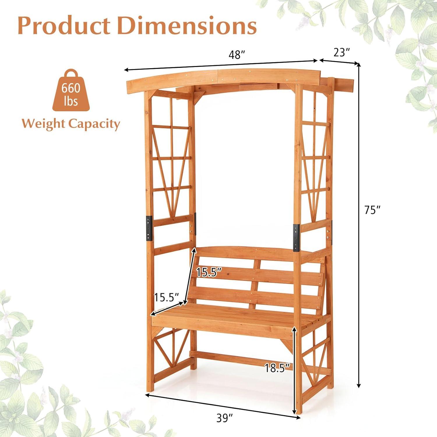image:imageGiantex Garden Arbor with Bench Wooden Garden Arch Trellis for Climbing Plants Vines 2Person Outdoor Bench 48W x 75H Patio Archway for Lawn Wedding Party Ceremony Backyard DecorHoney Brown