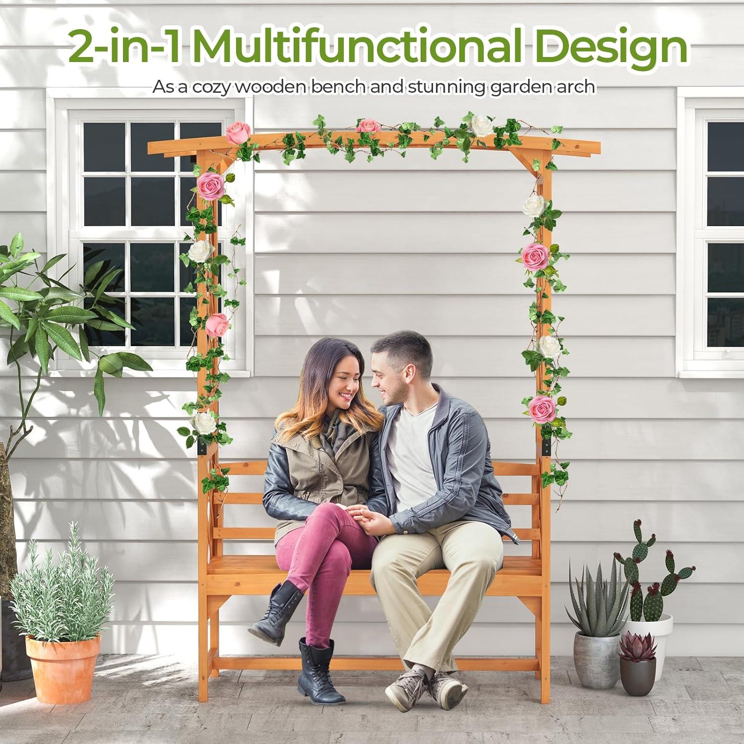 image:imageGiantex Garden Arbor with Bench Wooden Garden Arch Trellis for Climbing Plants Vines 2Person Outdoor Bench 48W x 75H Patio Archway for Lawn Wedding Party Ceremony Backyard DecorHoney Brown