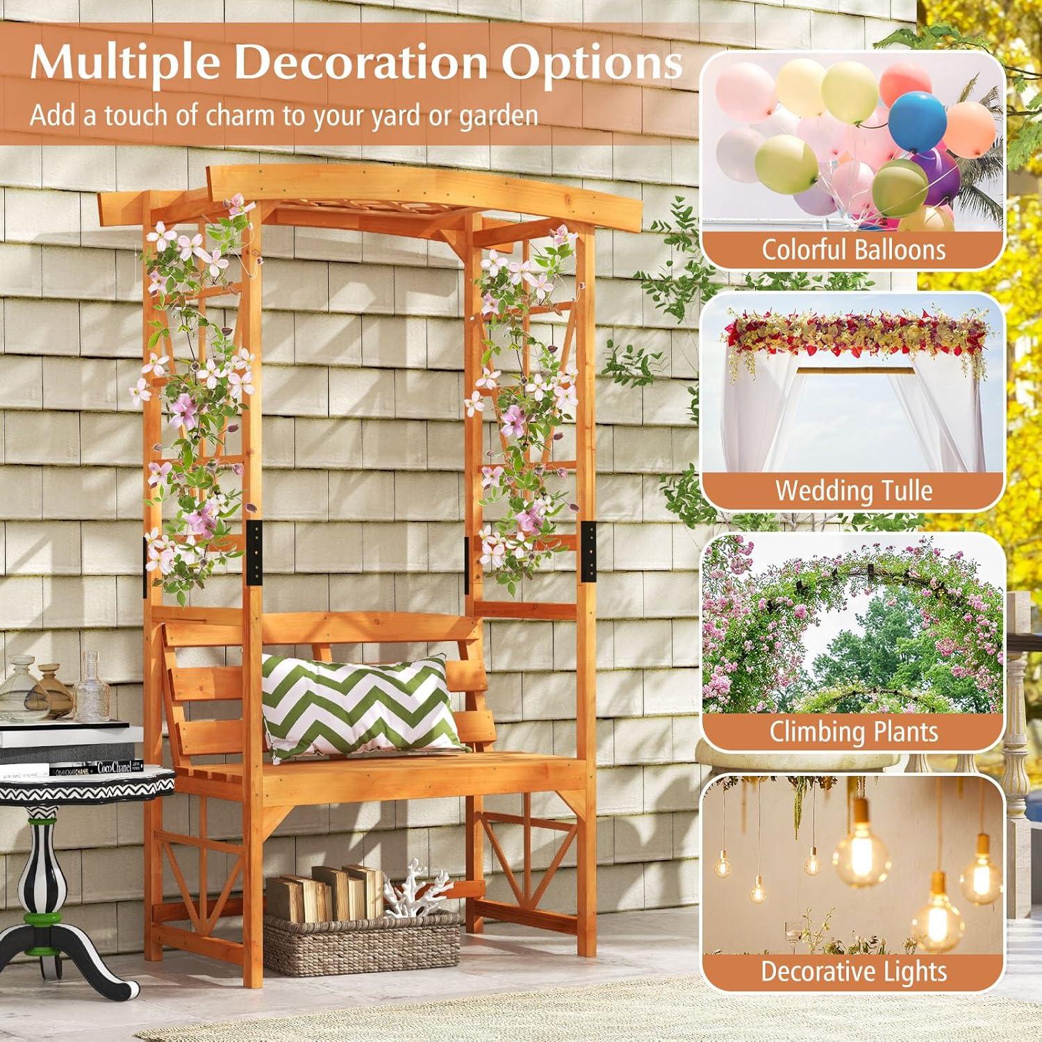 image:imageGiantex Garden Arbor with Bench Wooden Garden Arch Trellis for Climbing Plants Vines 2Person Outdoor Bench 48W x 75H Patio Archway for Lawn Wedding Party Ceremony Backyard DecorHoney Brown
