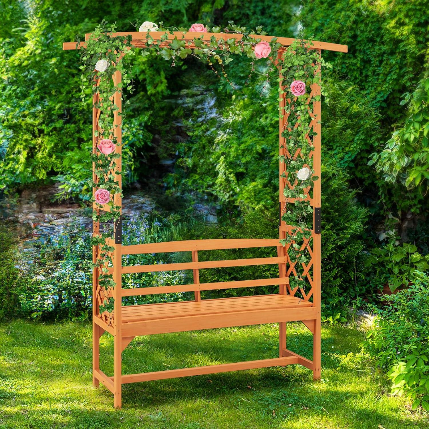 image:imageGiantex Garden Arbor with Bench Wooden Garden Arch Trellis for Climbing Plants Vines 2Person Outdoor Bench 48W x 75H Patio Archway for Lawn Wedding Party Ceremony Backyard DecorHoney Brown