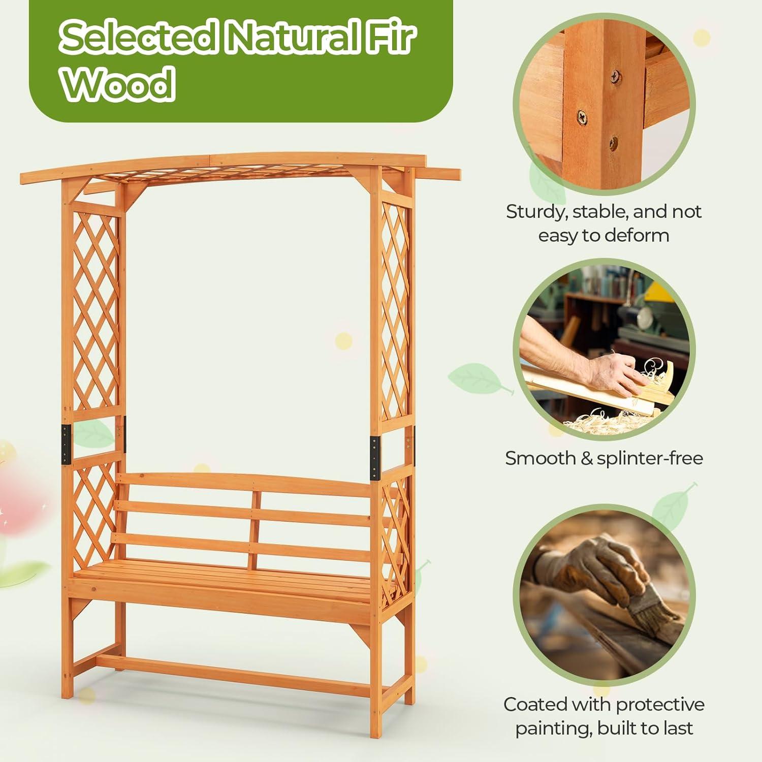 image:imageGiantex Garden Arbor with Bench Wooden Garden Arch Trellis for Climbing Plants Vines 2Person Outdoor Bench 48W x 75H Patio Archway for Lawn Wedding Party Ceremony Backyard DecorHoney Brown