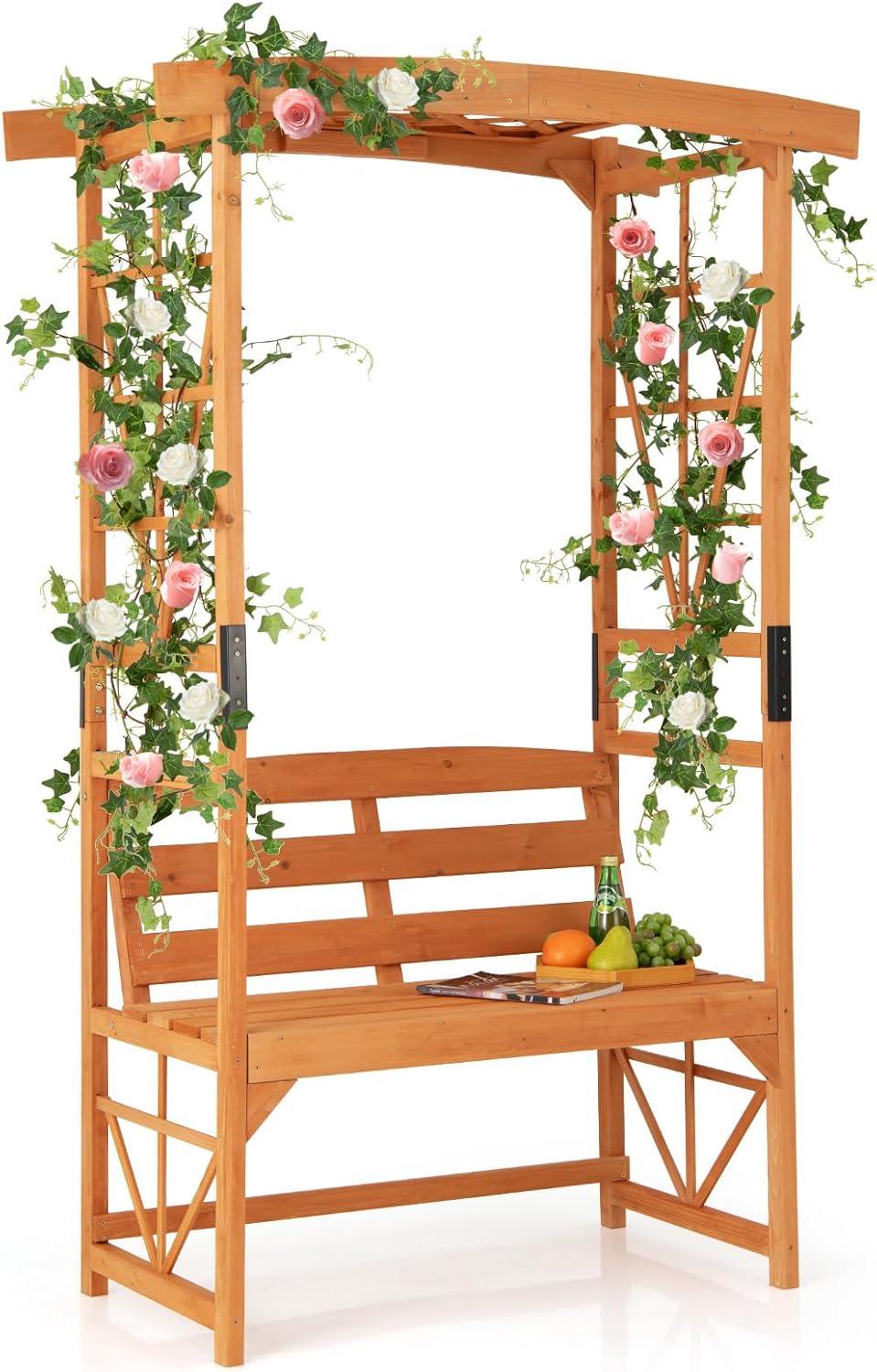 image:imageGiantex Garden Arbor with Bench Wooden Garden Arch Trellis for Climbing Plants Vines 2Person Outdoor Bench 48W x 75H Patio Archway for Lawn Wedding Party Ceremony Backyard DecorHoney Brown