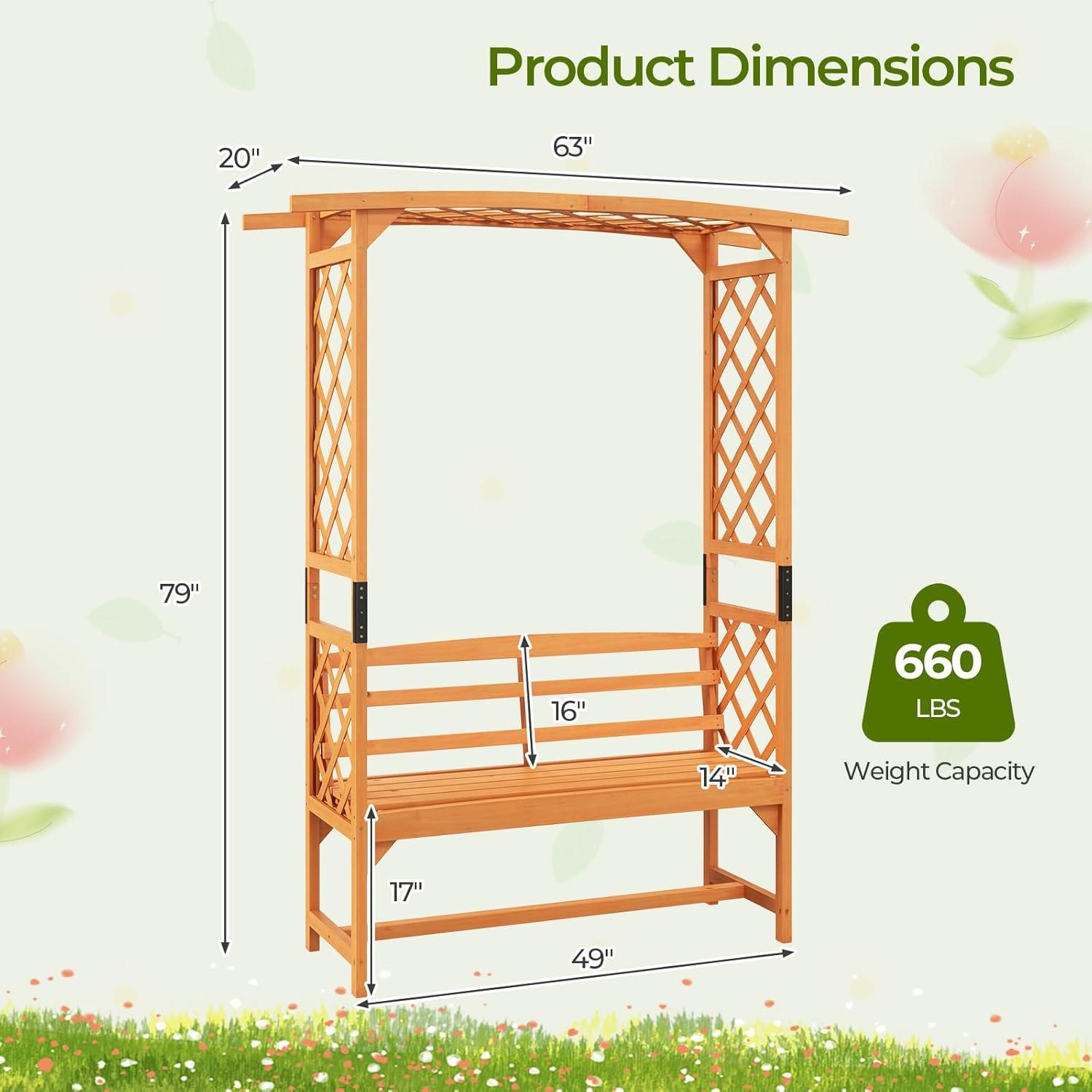 image:imageGiantex Garden Arbor with Bench Wooden Garden Arch Trellis for Climbing Plants Vines 2Person Outdoor Bench 48W x 75H Patio Archway for Lawn Wedding Party Ceremony Backyard DecorHoney Brown