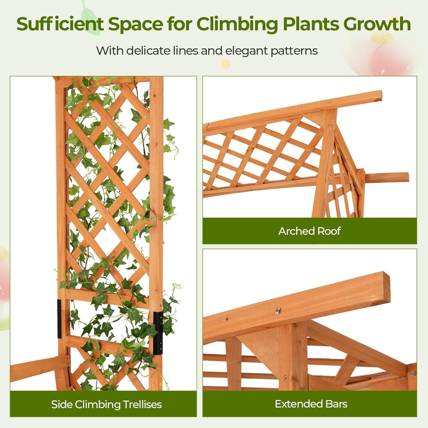 image:imageGiantex Garden Arbor with Bench Wooden Garden Arch Trellis for Climbing Plants Vines 2Person Outdoor Bench 48W x 75H Patio Archway for Lawn Wedding Party Ceremony Backyard DecorHoney Brown