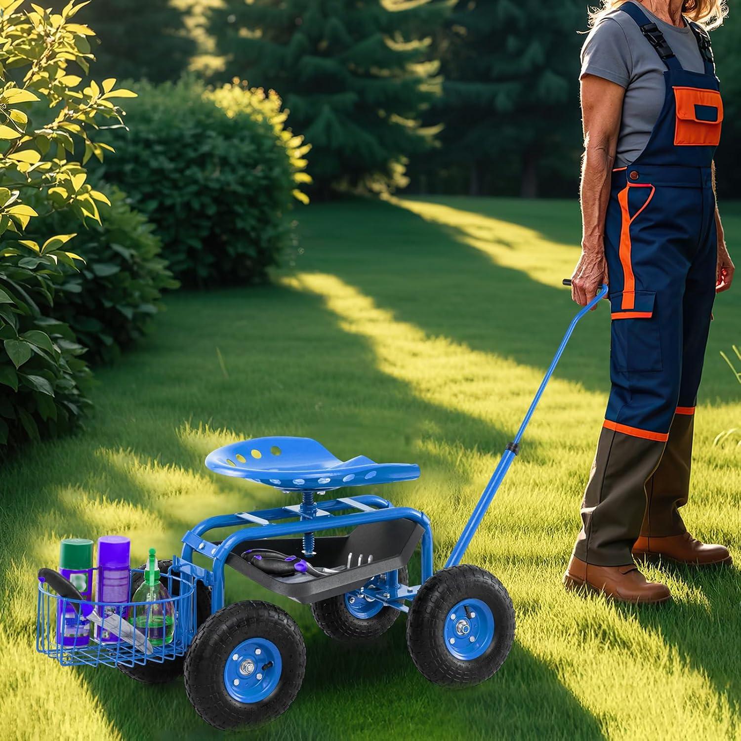 image:imageGiantex Garden Cart 4Wheel Gardening Workseat with Storage Basket Swivel Seat Adjustable Height Steering Handle Garden Utility Cart Steel Stool Seat for Planting GreenBlue