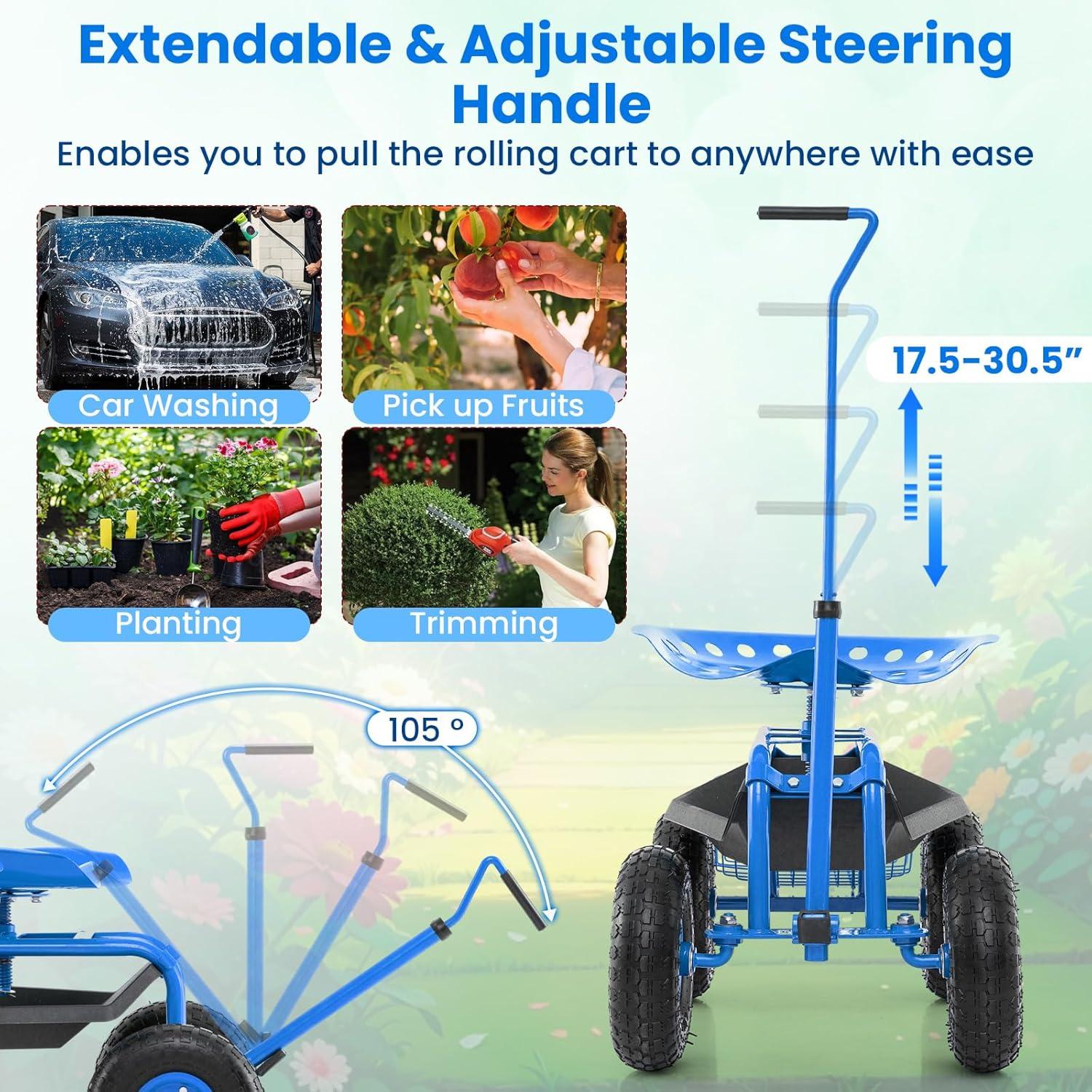 image:imageGiantex Garden Cart 4Wheel Gardening Workseat with Storage Basket Swivel Seat Adjustable Height Steering Handle Garden Utility Cart Steel Stool Seat for Planting GreenBlue
