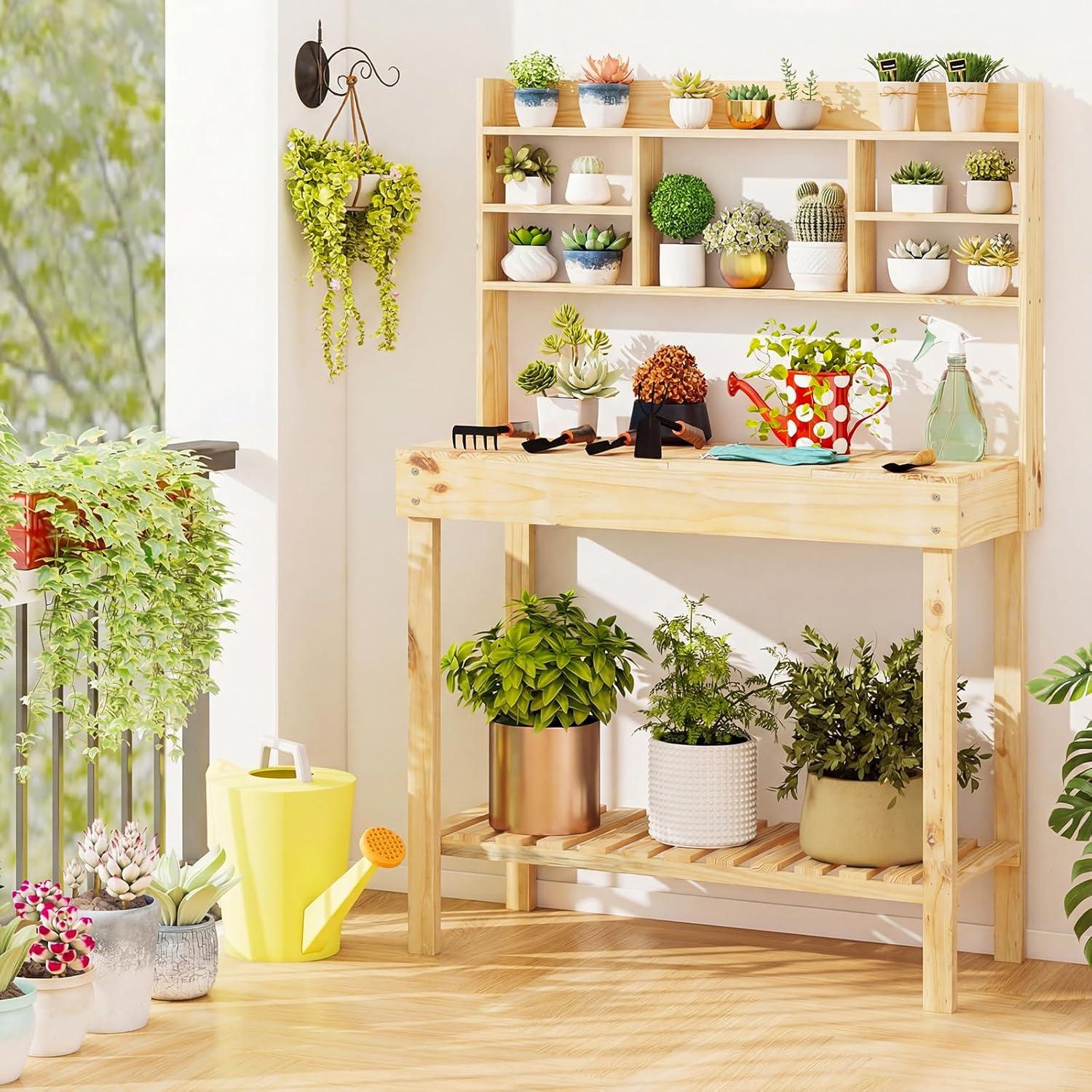 image:imageGiantex Garden Potting Bench Table Large Workbench Table with Shelves Openable Tabletop Hidden Storage Cabinet 3 Hooks Outdoor Wooden Workstation for Patio Garden Garage 435x195x 605Natural