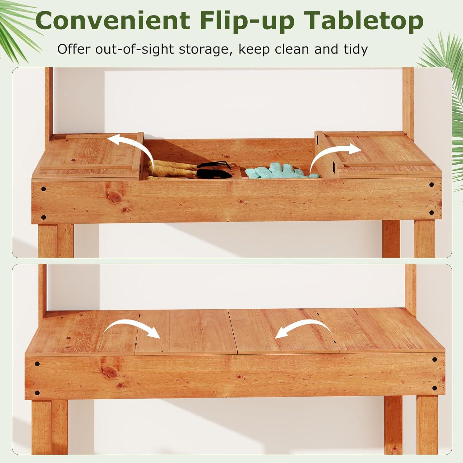 image:imageGiantex Garden Potting Bench Table Large Workbench Table with Shelves Openable Tabletop Hidden Storage Cabinet 3 Hooks Outdoor Wooden Workstation for Patio Garden Garage 435x195x 605Brown