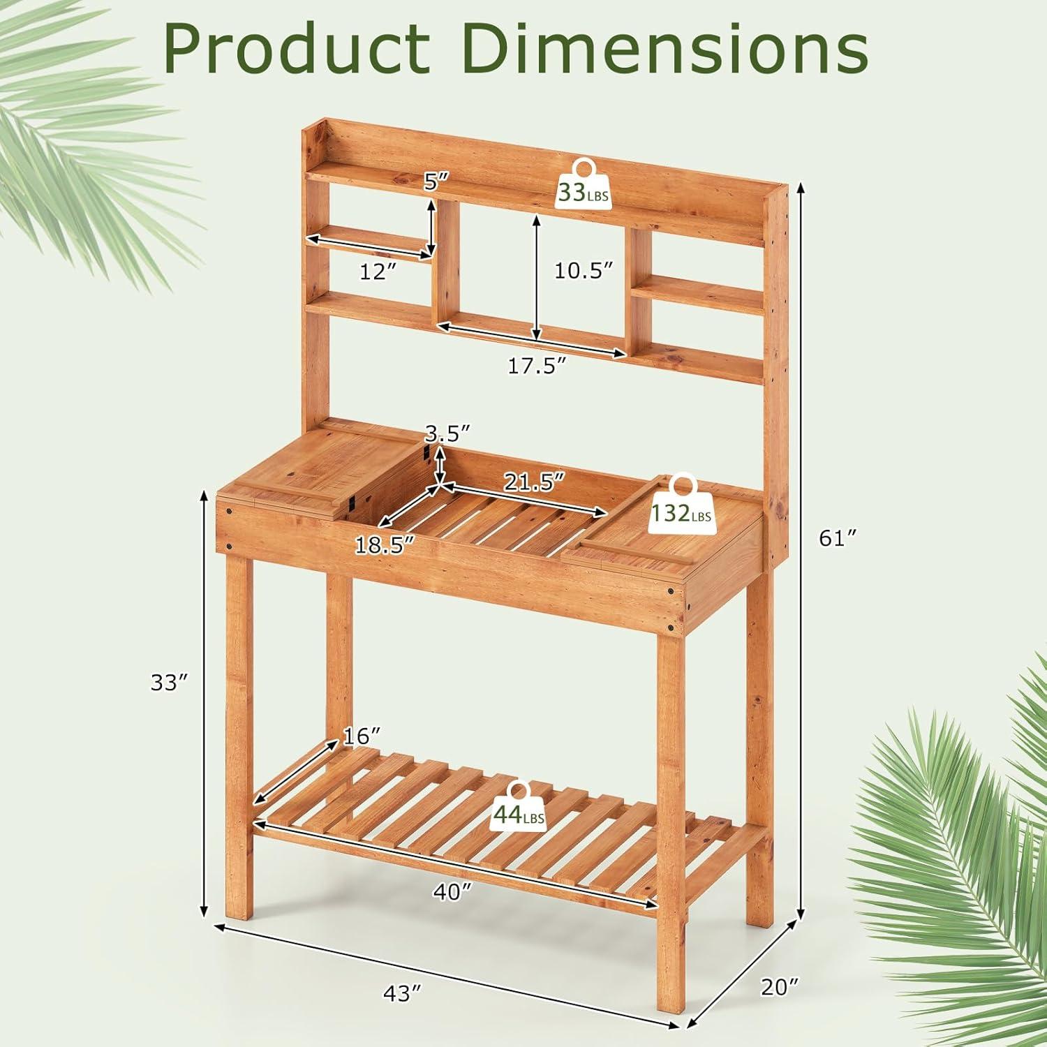image:imageGiantex Garden Potting Bench Table Large Workbench Table with Shelves Openable Tabletop Hidden Storage Cabinet 3 Hooks Outdoor Wooden Workstation for Patio Garden Garage 435x195x 605Brown