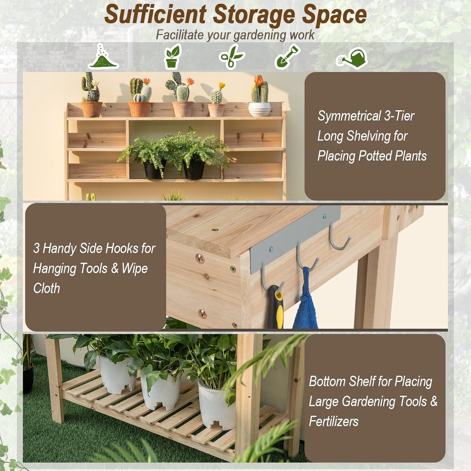 image:imageGiantex Garden Potting Bench Table Large Workbench Table with Shelves Openable Tabletop Hidden Storage Cabinet 3 Hooks Outdoor Wooden Workstation for Patio Garden Garage 435x195x 605Natural