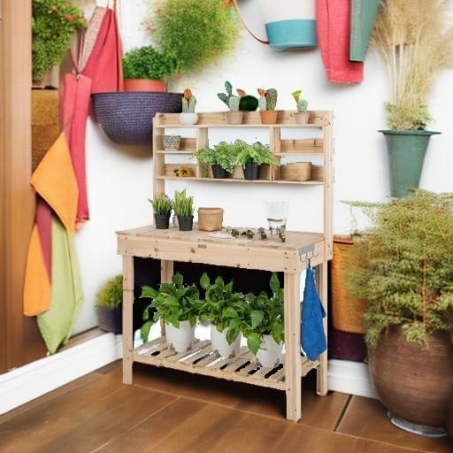 image:imageGiantex Garden Potting Bench Table Large Workbench Table with Shelves Openable Tabletop Hidden Storage Cabinet 3 Hooks Outdoor Wooden Workstation for Patio Garden Garage 435x195x 605Natural