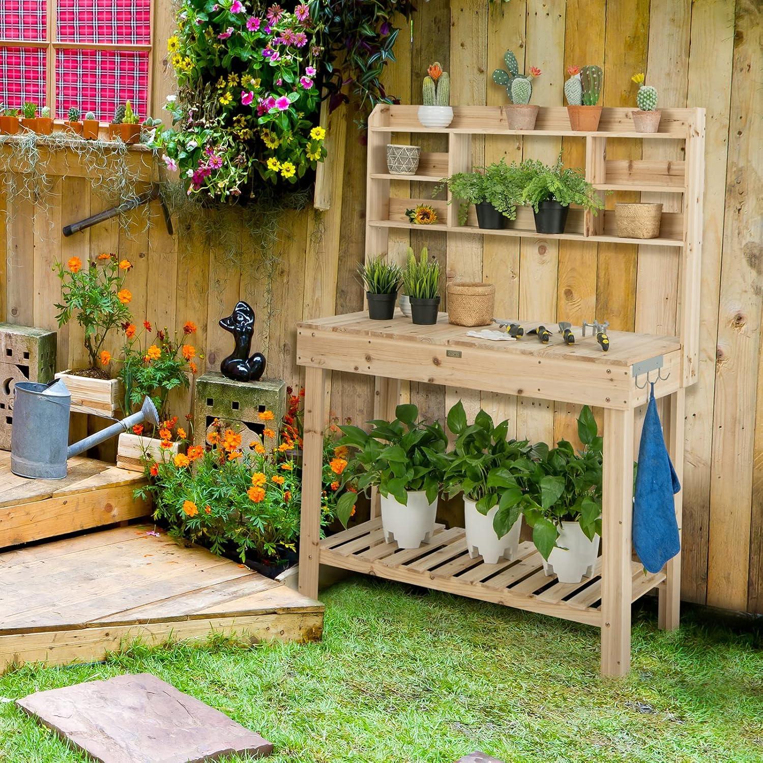 image:imageGiantex Garden Potting Bench Table Large Workbench Table with Shelves Openable Tabletop Hidden Storage Cabinet 3 Hooks Outdoor Wooden Workstation for Patio Garden Garage 435x195x 605Natural