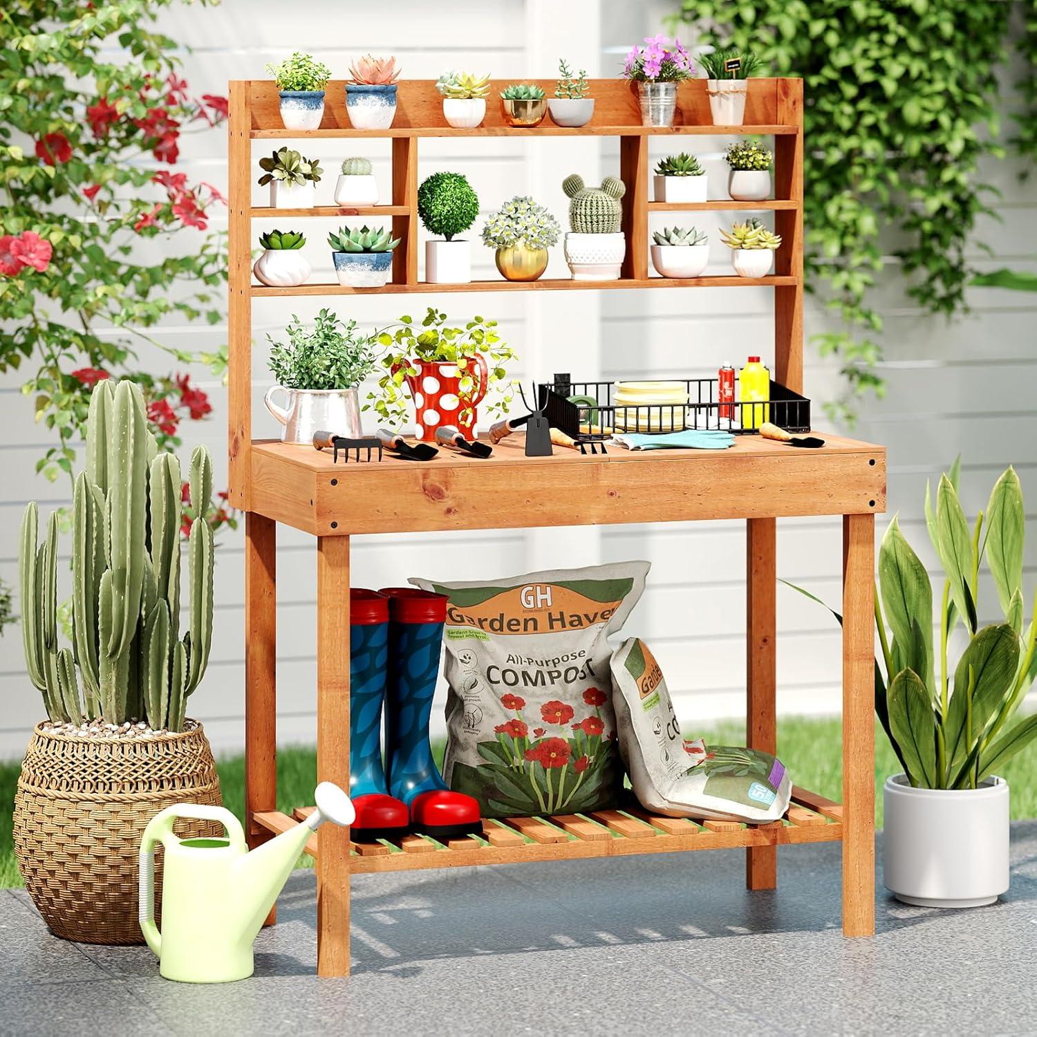 image:imageGiantex Garden Potting Bench Table Large Workbench Table with Shelves Openable Tabletop Hidden Storage Cabinet 3 Hooks Outdoor Wooden Workstation for Patio Garden Garage 435x195x 605Brown