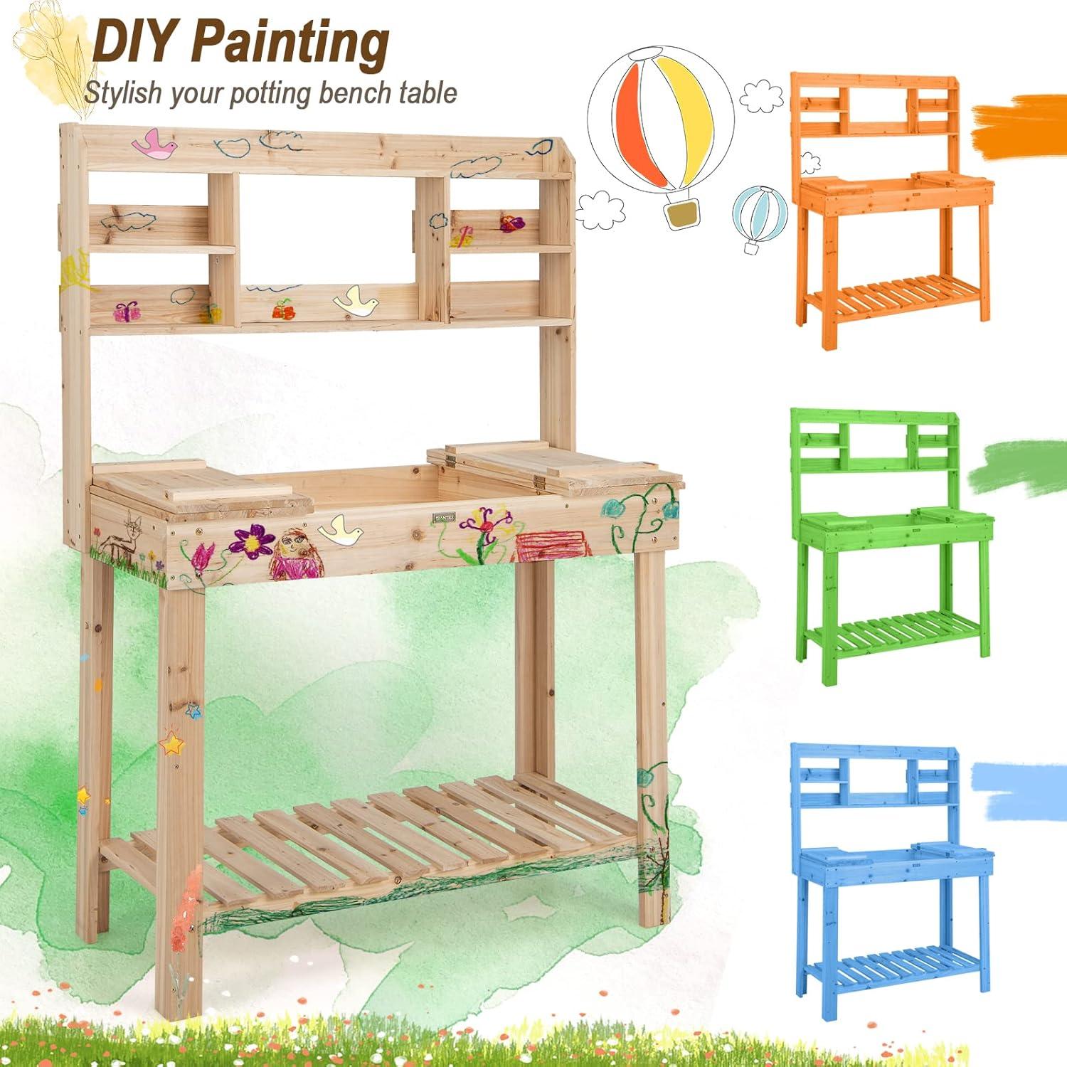 image:imageGiantex Garden Potting Bench Table Large Workbench Table with Shelves Openable Tabletop Hidden Storage Cabinet 3 Hooks Outdoor Wooden Workstation for Patio Garden Garage 435x195x 605Natural
