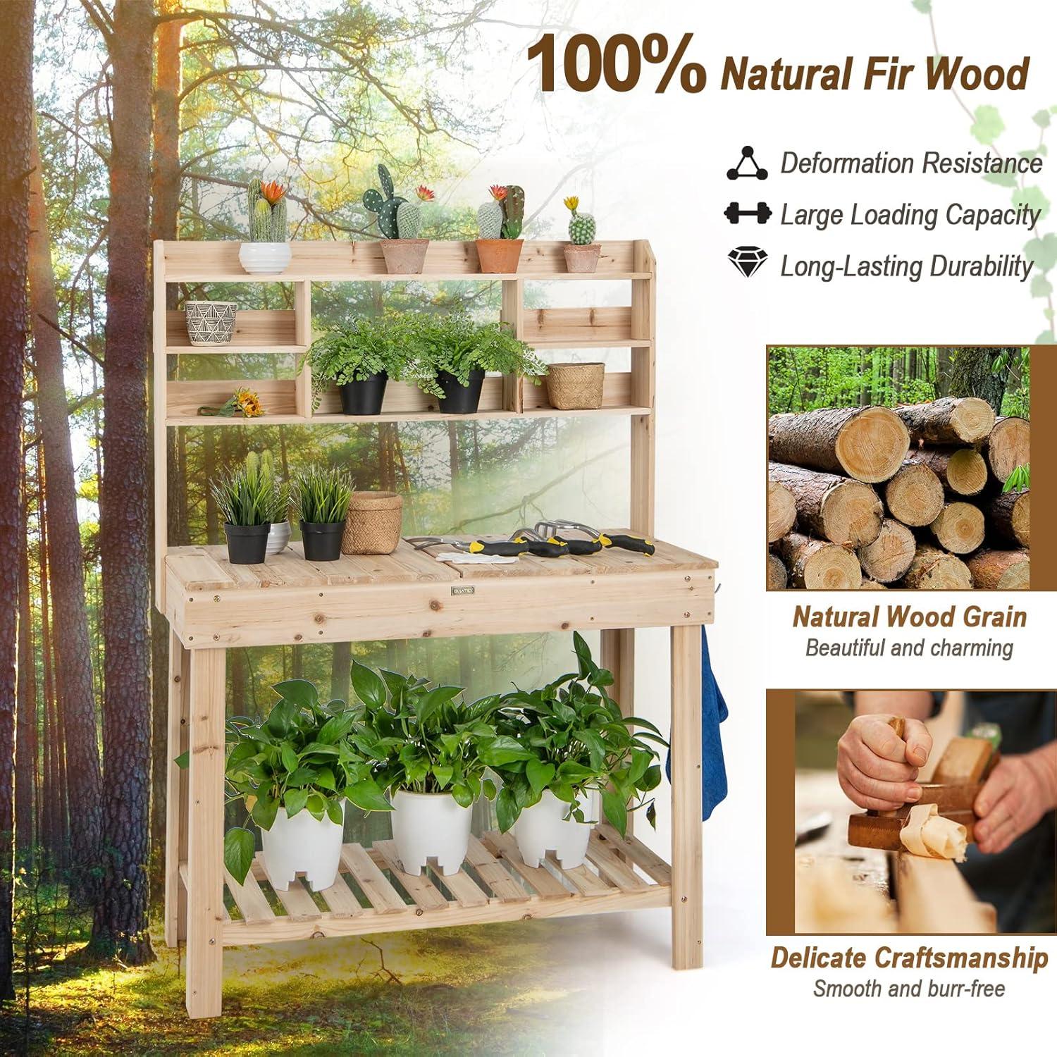 image:imageGiantex Garden Potting Bench Table Large Workbench Table with Shelves Openable Tabletop Hidden Storage Cabinet 3 Hooks Outdoor Wooden Workstation for Patio Garden Garage 435x195x 605Natural