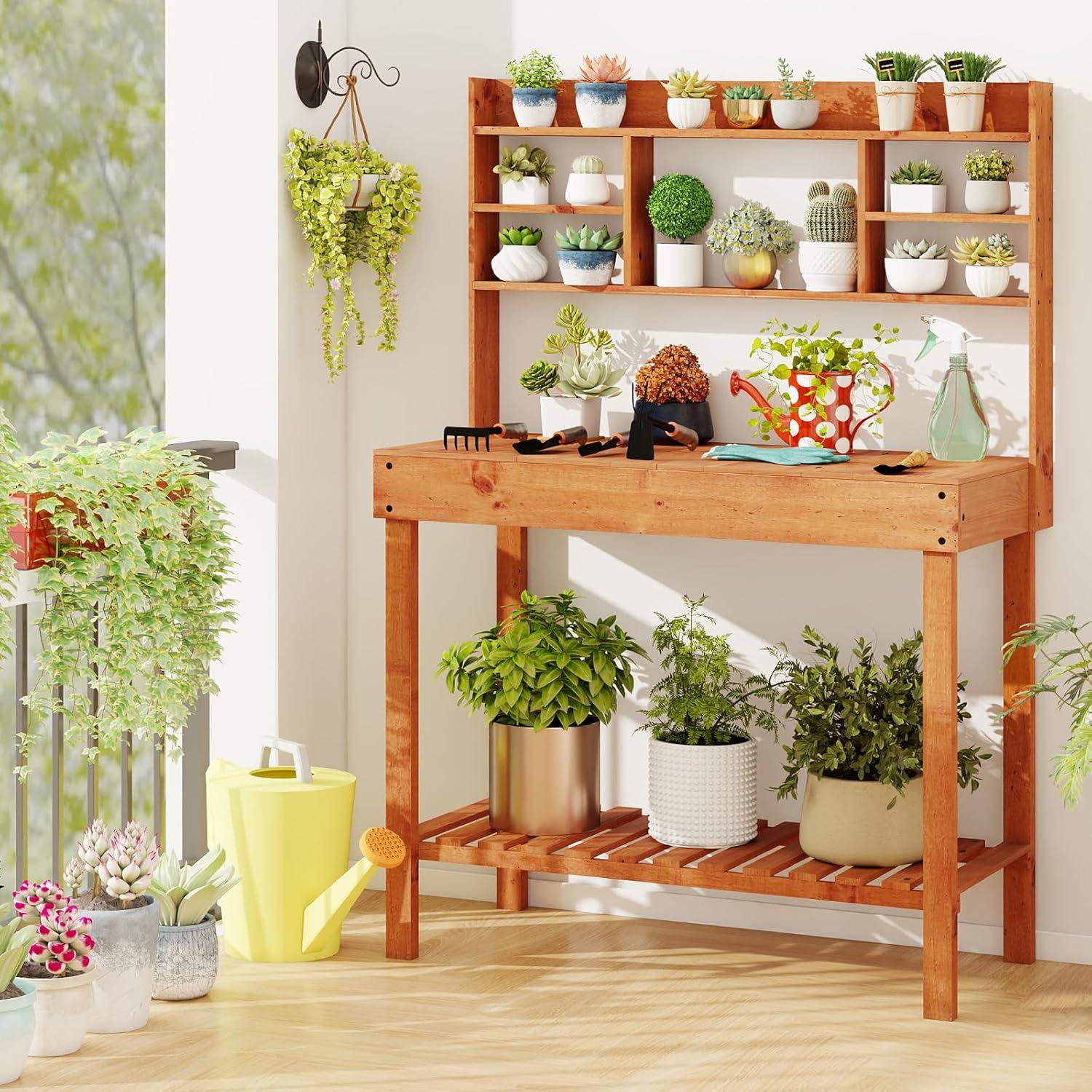 image:imageGiantex Garden Potting Bench Table Large Workbench Table with Shelves Openable Tabletop Hidden Storage Cabinet 3 Hooks Outdoor Wooden Workstation for Patio Garden Garage 435x195x 605Brown
