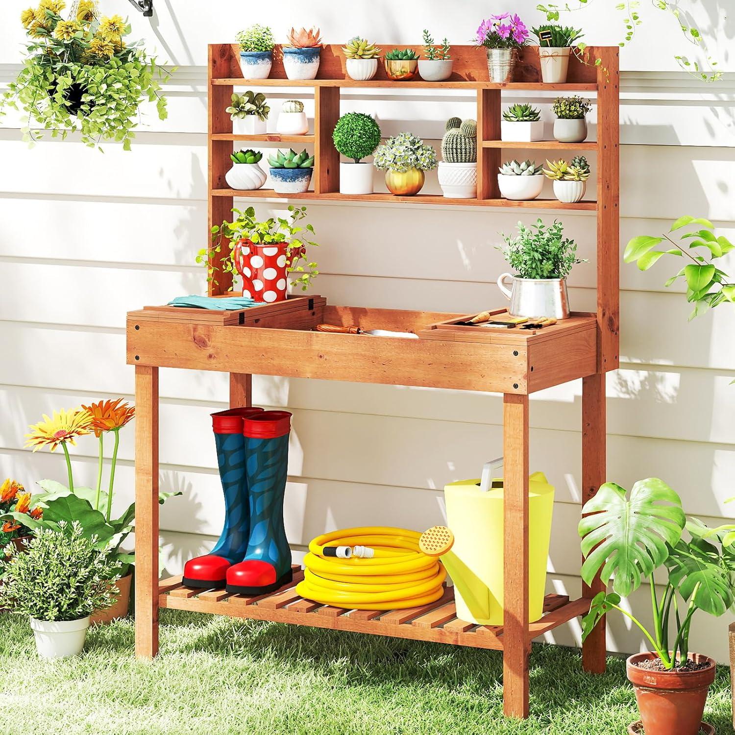 image:imageGiantex Garden Potting Bench Table Large Workbench Table with Shelves Openable Tabletop Hidden Storage Cabinet 3 Hooks Outdoor Wooden Workstation for Patio Garden Garage 435x195x 605Brown