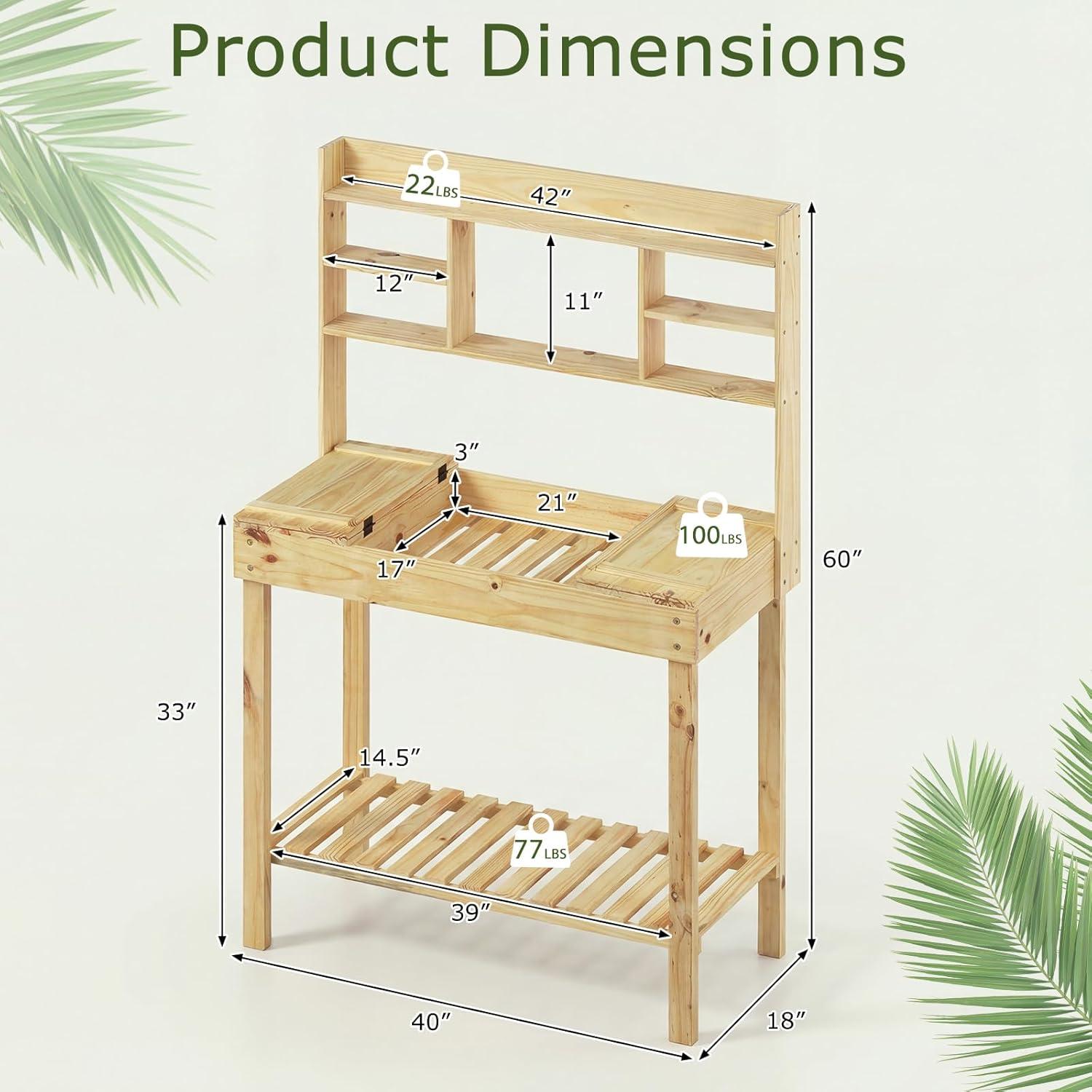 image:imageGiantex Garden Potting Bench Table Large Workbench Table with Shelves Openable Tabletop Hidden Storage Cabinet 3 Hooks Outdoor Wooden Workstation for Patio Garden Garage 435x195x 605Natural