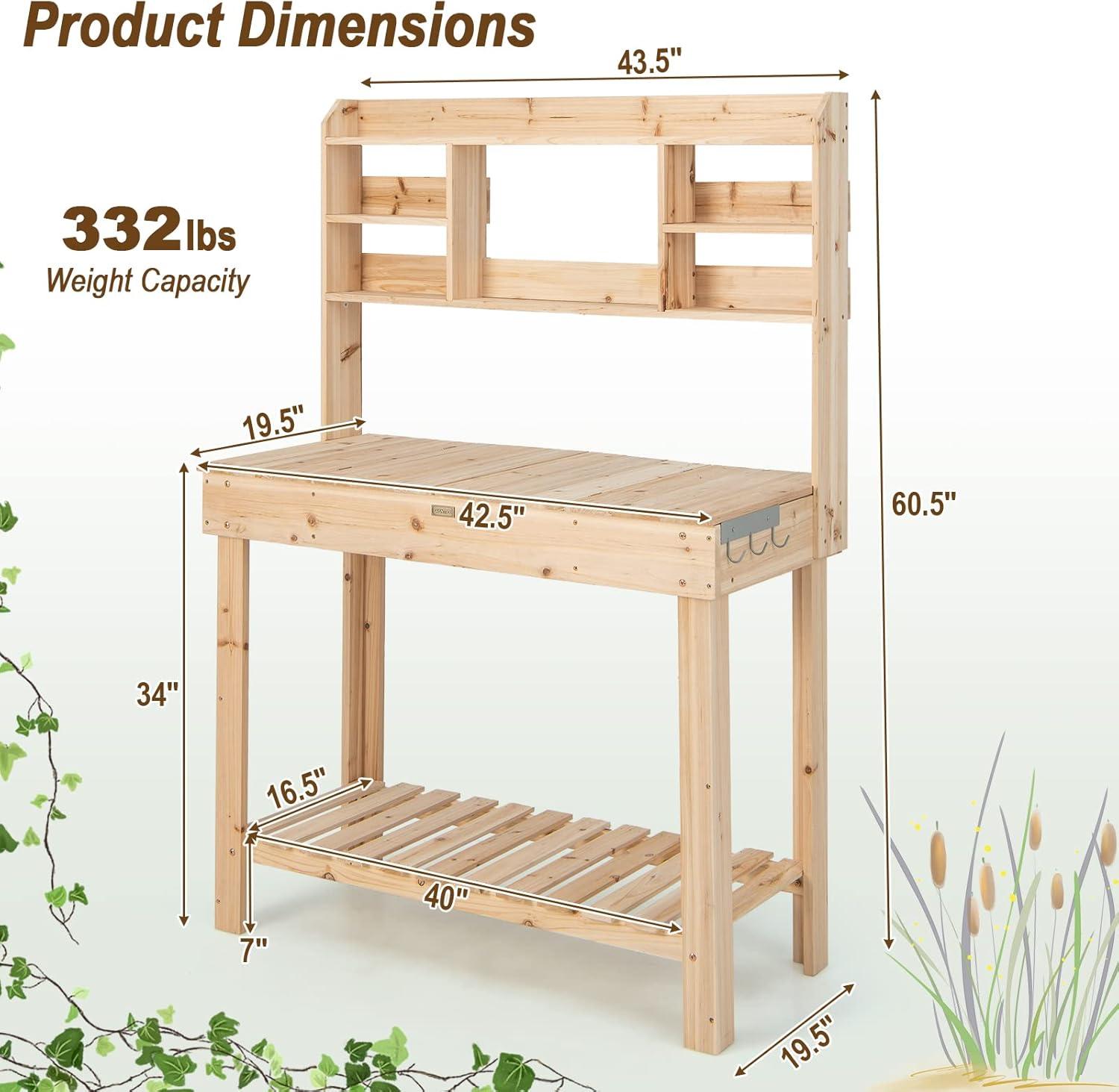 image:imageGiantex Garden Potting Bench Table Large Workbench Table with Shelves Openable Tabletop Hidden Storage Cabinet 3 Hooks Outdoor Wooden Workstation for Patio Garden Garage 435x195x 605Natural