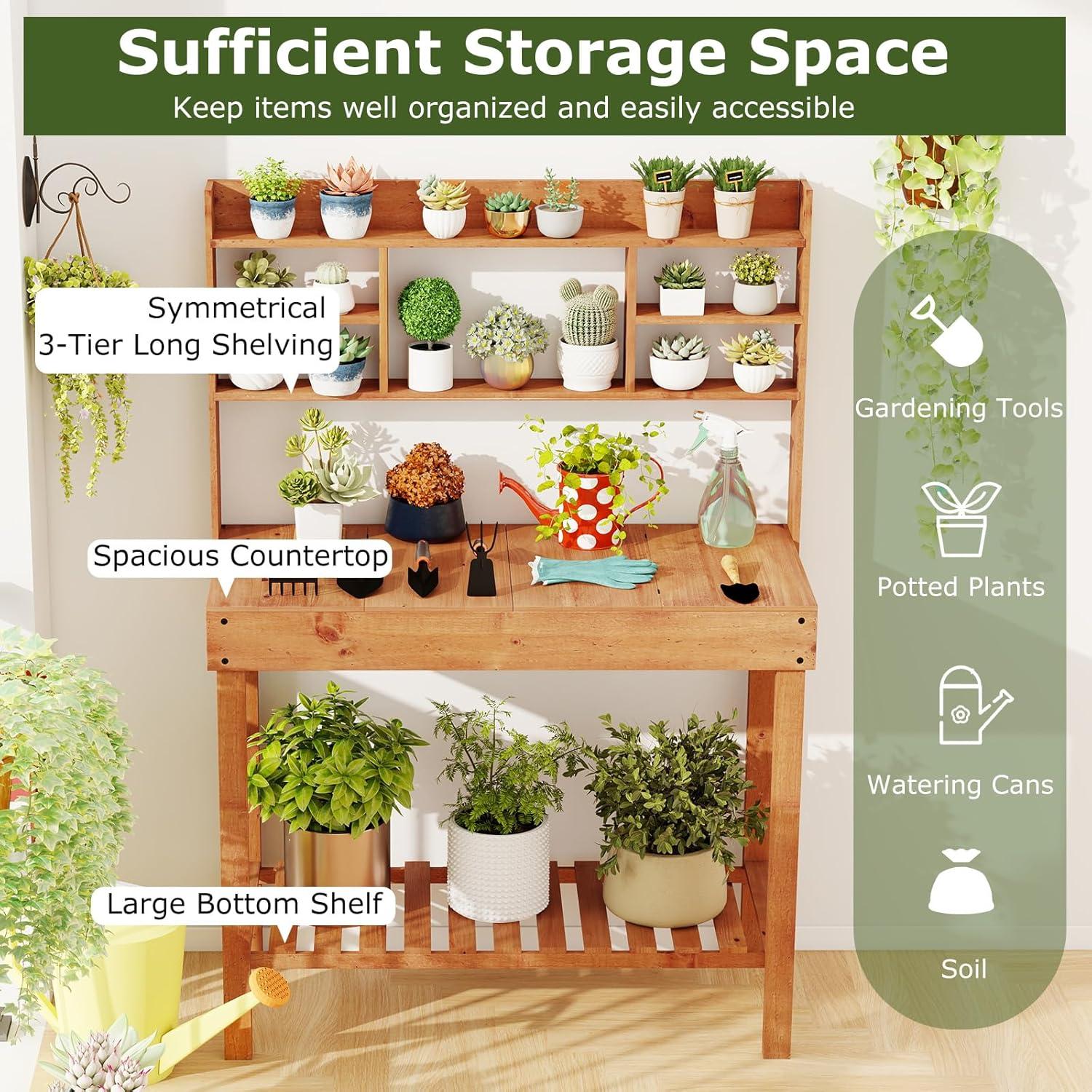image:imageGiantex Garden Potting Bench Table Large Workbench Table with Shelves Openable Tabletop Hidden Storage Cabinet 3 Hooks Outdoor Wooden Workstation for Patio Garden Garage 435x195x 605Brown